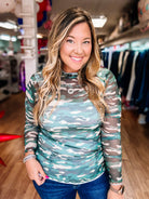 Keigan Mesh Top, Green Camo-Blouses-Dear Me Southern Boutique, located in DeRidder, Louisiana