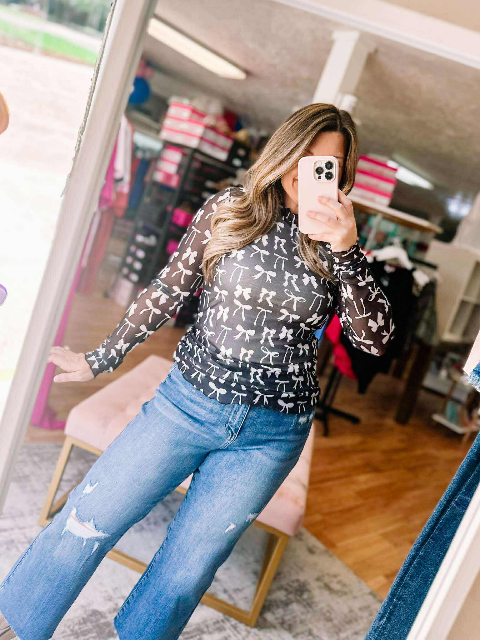 Keigan Mesh Top, White Bows-Blouses-Dear Me Southern Boutique, located in DeRidder, Louisiana