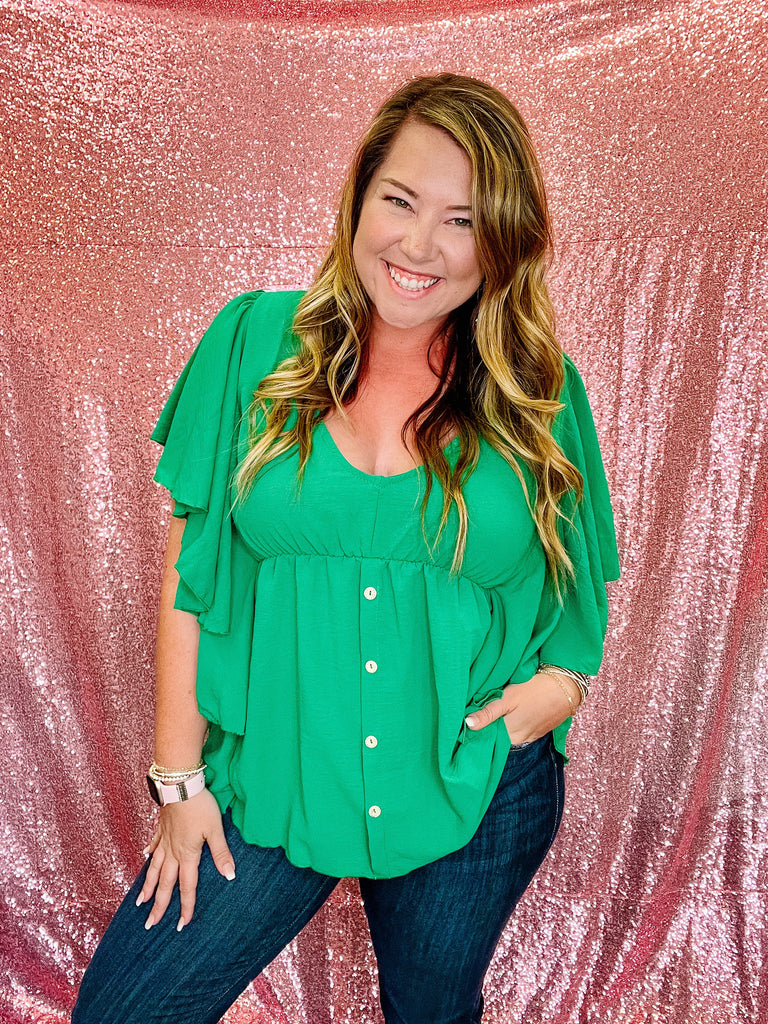 Kelly Green Sexy Ruffles Button Top-Dear Me Southern Boutique, located in DeRidder, Louisiana