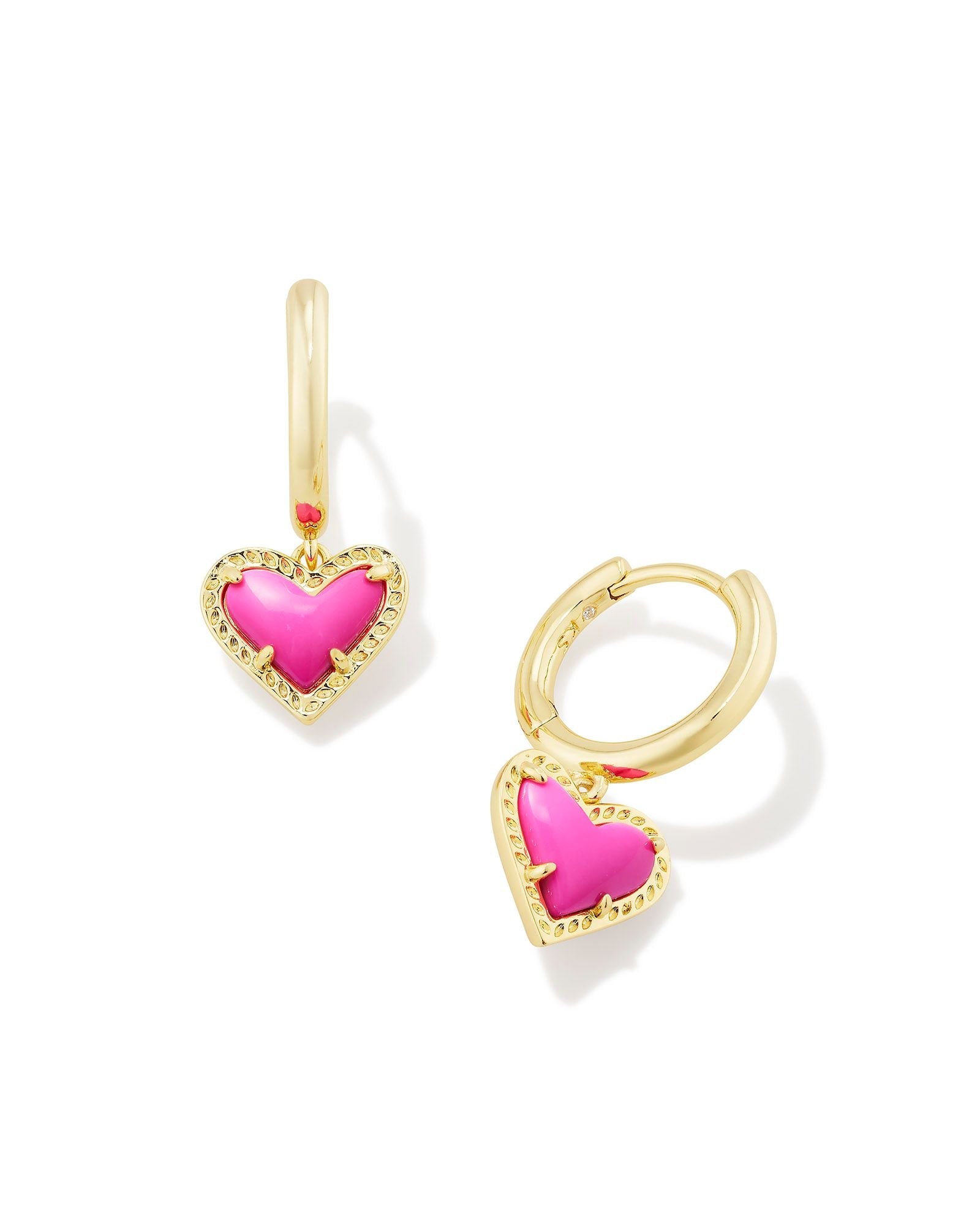 Kendra Scott Ari Heart Gold Huggie Earrings in Neon Pink Magnesite-Jewelry-Dear Me Southern Boutique, located in DeRidder, Louisiana