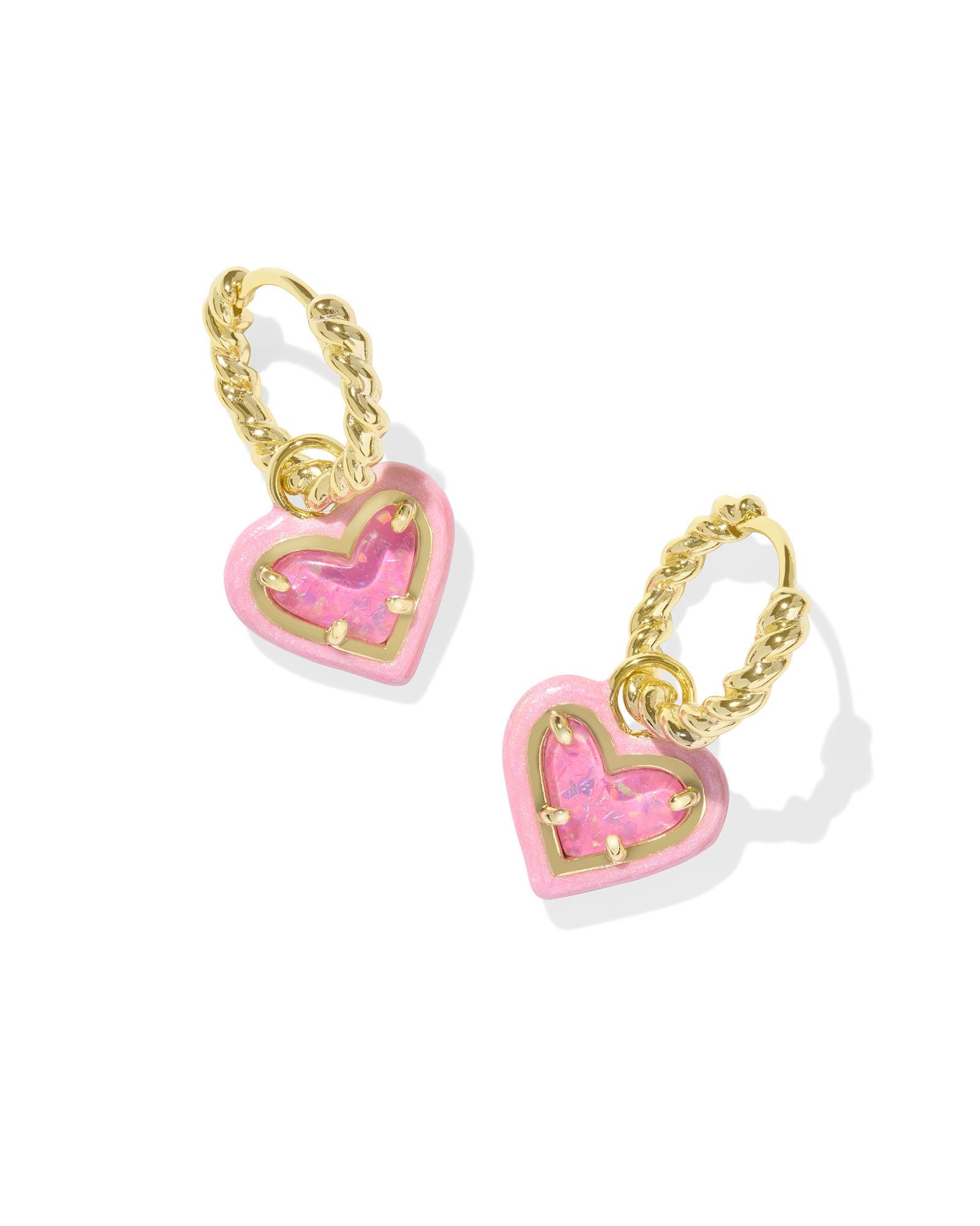 Kendra Scott Ari Heart Huggie Earrings Gold Enamel - Pink Iridescent Glitter Glass-Jewelry-Dear Me Southern Boutique, located in DeRidder, Louisiana