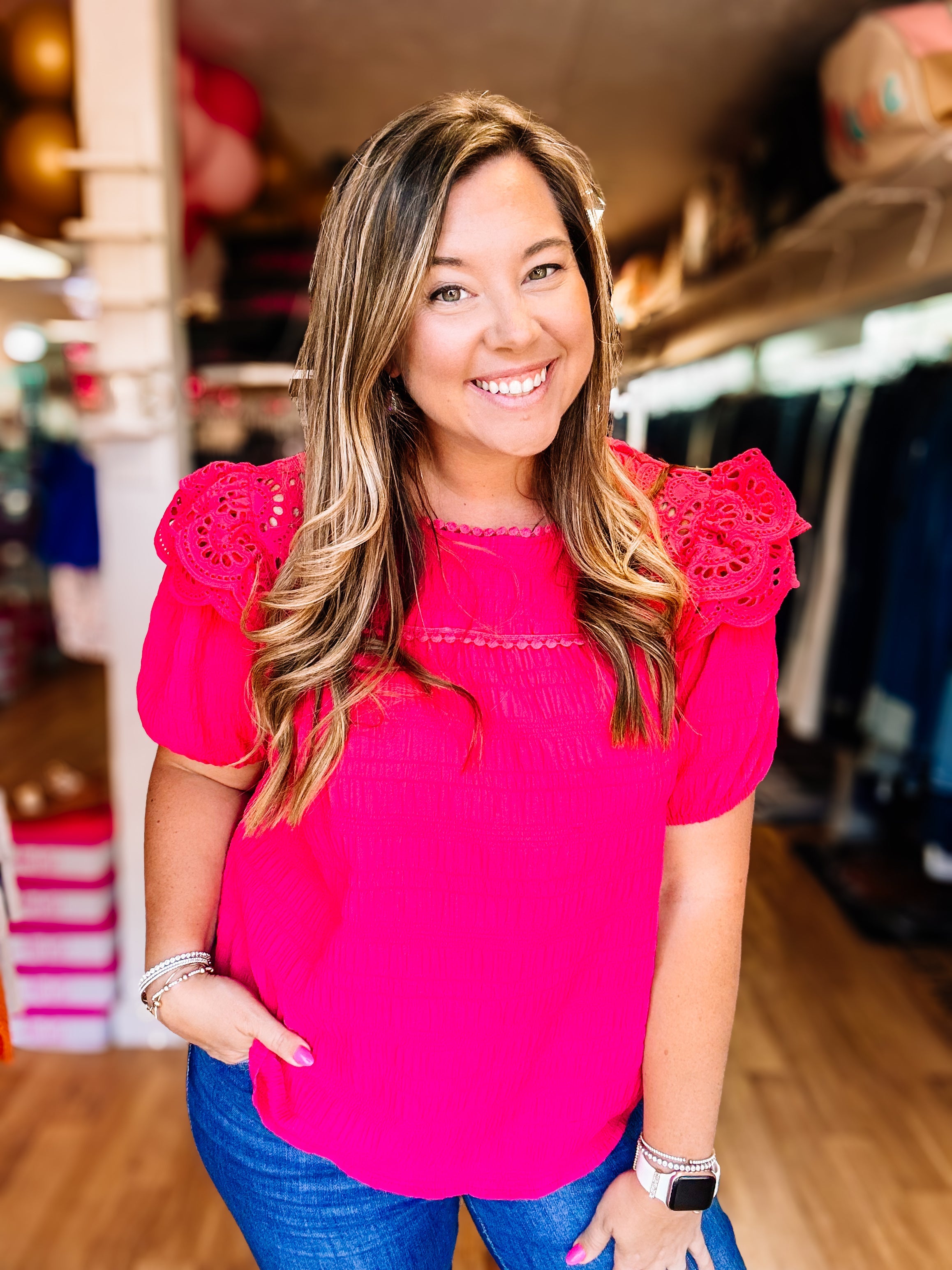 Kimber Eyelet Top-Pink-Blouses-Dear Me Southern Boutique, located in DeRidder, Louisiana