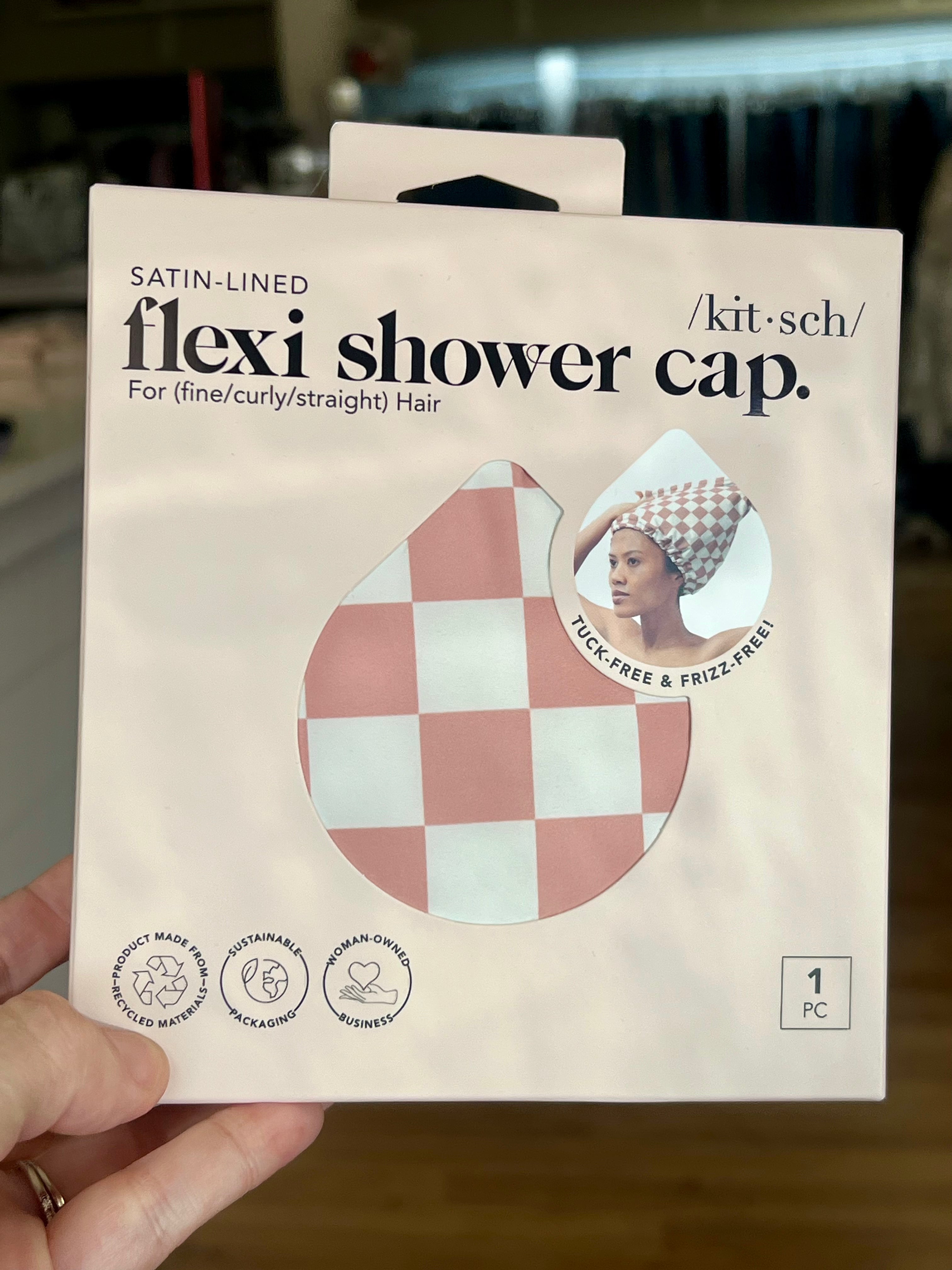 Kit-sch Flexi Shower Cap-Terracotta Checkered-Health/Beauty-Dear Me Southern Boutique, located in DeRidder, Louisiana