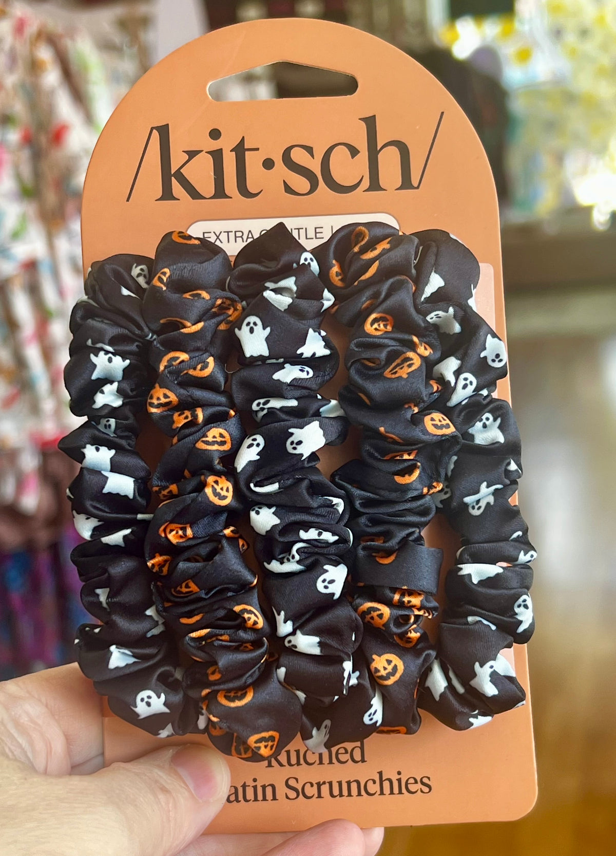 Kit-sch Ghost and Pumpkins Ruched Satin Scrunchies-Hair accessories-Dear Me Southern Boutique, located in DeRidder, Louisiana
