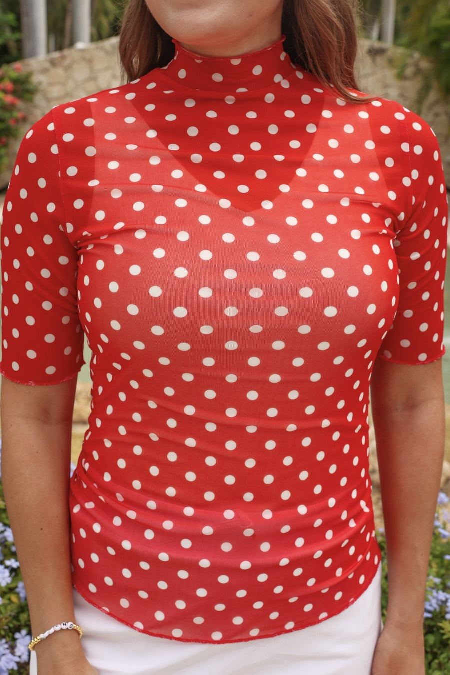 Kora Short Sleeve Mesh Top- Red Polka Dot-Mesh Top-Dear Me Southern Boutique, located in DeRidder, Louisiana