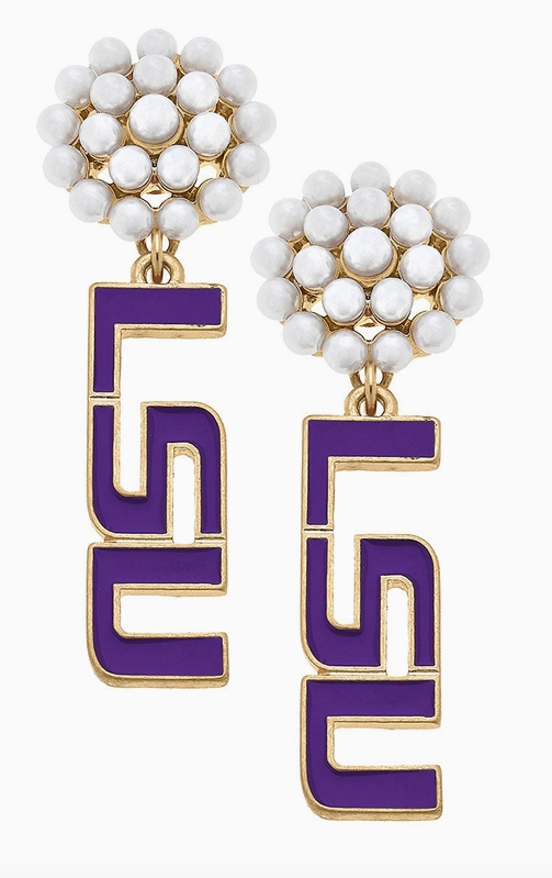 LSU Pearl Cluster Enamel Earrings-Jewelry-Dear Me Southern Boutique, located in DeRidder, Louisiana