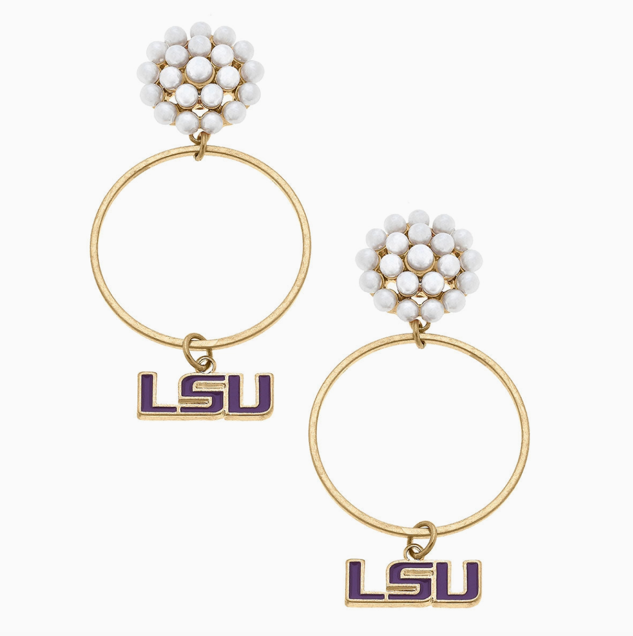 LSU Pearl Cluster Enamel Hoop Earrings-Earrings-Dear Me Southern Boutique, located in DeRidder, Louisiana