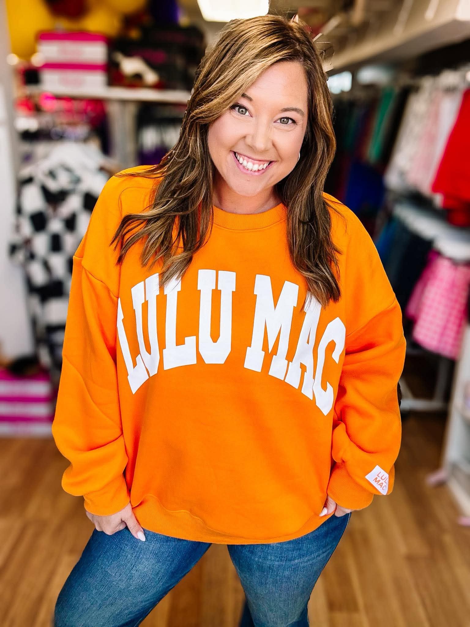 LULU MAC Cozy Embroidered Sweatshirt - Orange/White-Sweatshirt-Dear Me Southern Boutique, located in DeRidder, Louisiana