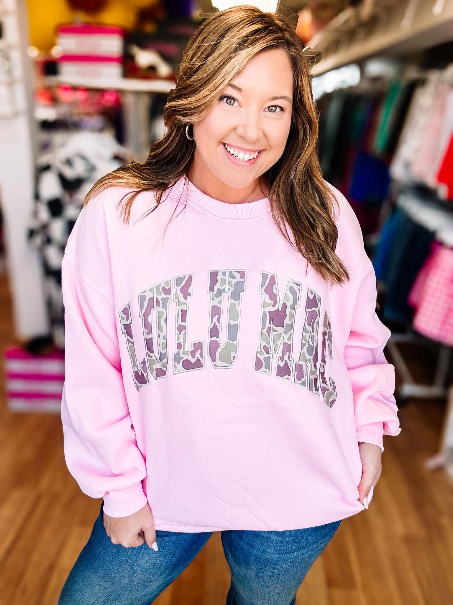 LULU MAC Cozy Embroidered Sweatshirt - Pink/Camo-Sweatshirt-Dear Me Southern Boutique, located in DeRidder, Louisiana