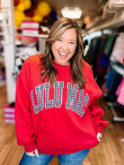 LULU MAC Cozy Embroidered Sweatshirt - Red/Houndstooth-Sweatshirt-Dear Me Southern Boutique, located in DeRidder, Louisiana