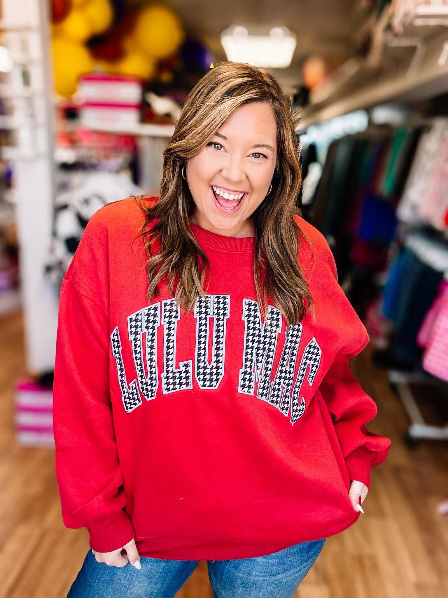 LULU MAC Cozy Embroidered Sweatshirt - Red/Houndstooth-Sweatshirt-Dear Me Southern Boutique, located in DeRidder, Louisiana