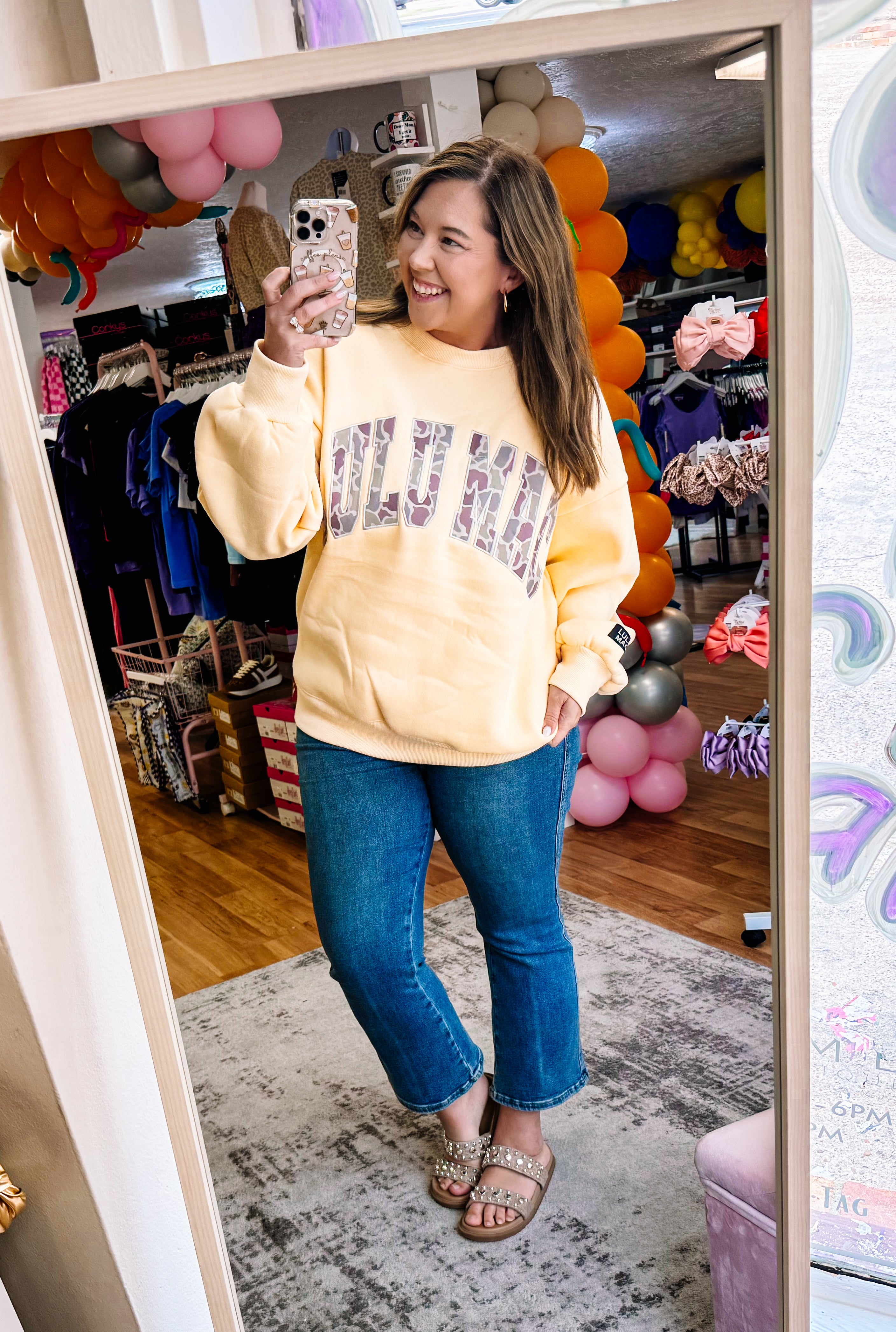 LULU MAC Cozy Embroidered Sweatshirt - Yellow/Camo-Sweatshirt-Dear Me Southern Boutique, located in DeRidder, Louisiana