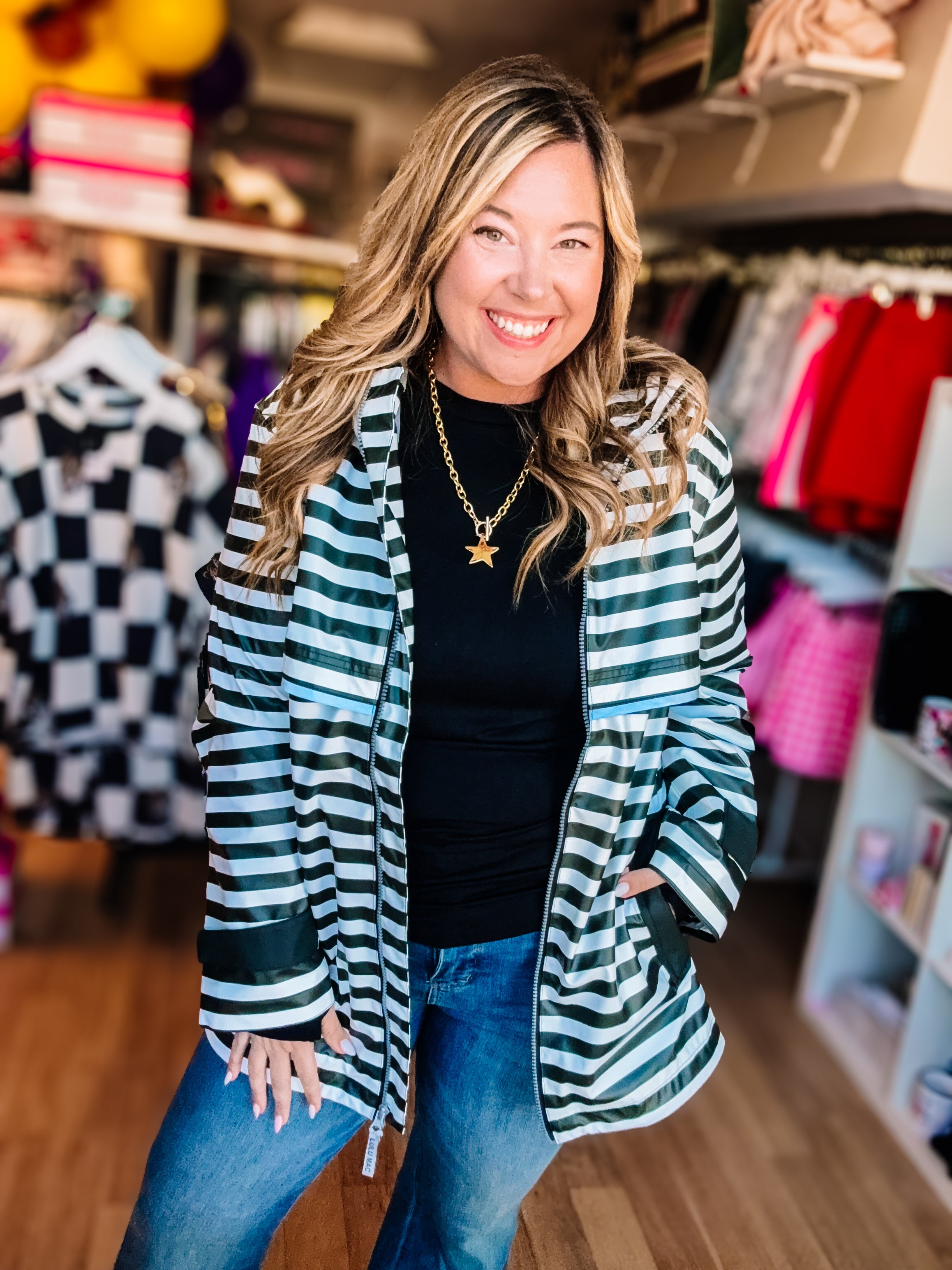 LULU MAC Stripe Me Lucky Rain Jacket- Black/White-Jackets-Dear Me Southern Boutique, located in DeRidder, Louisiana
