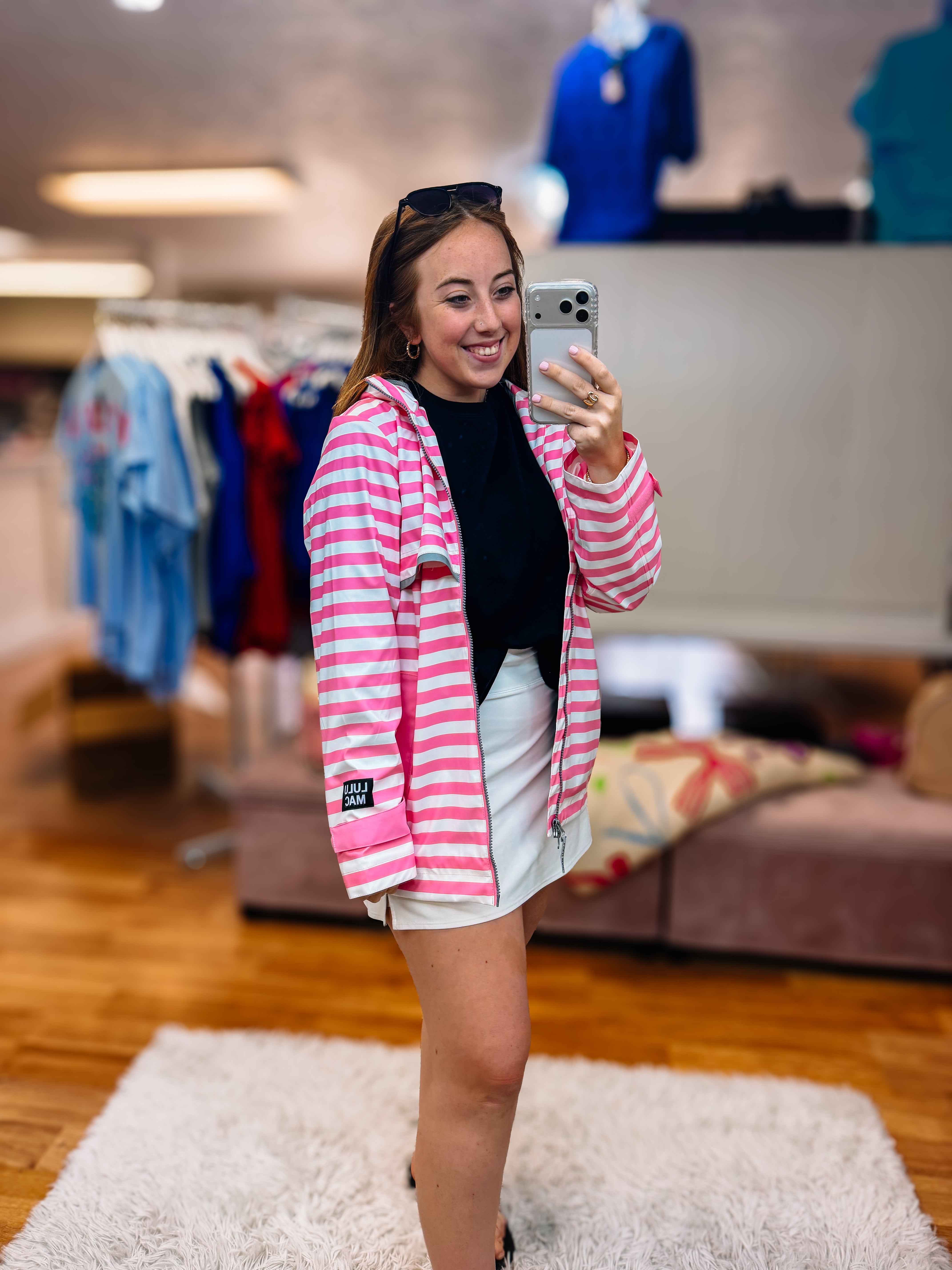 LULU MAC Stripe Me Lucky Rain Jacket-Pink/White-Outerwear/Jackets/Shackets-Dear Me Southern Boutique, located in DeRidder, Louisiana