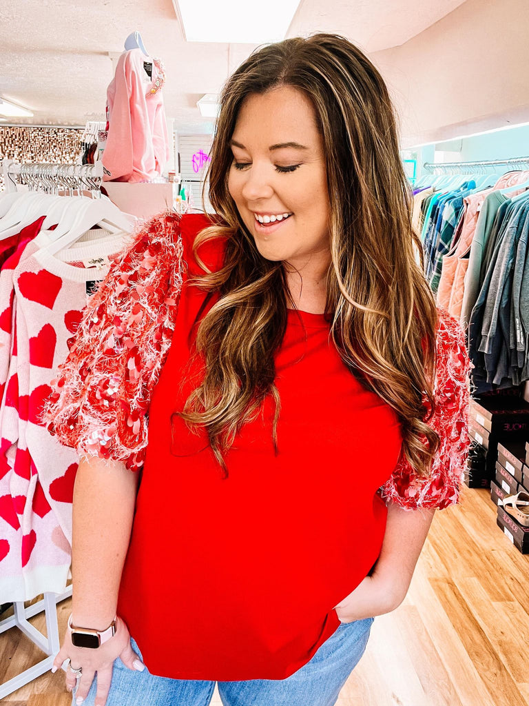 Lady In Red Sequin Puff Sleeve Top-Tops-Dear Me Southern Boutique, located in DeRidder, Louisiana