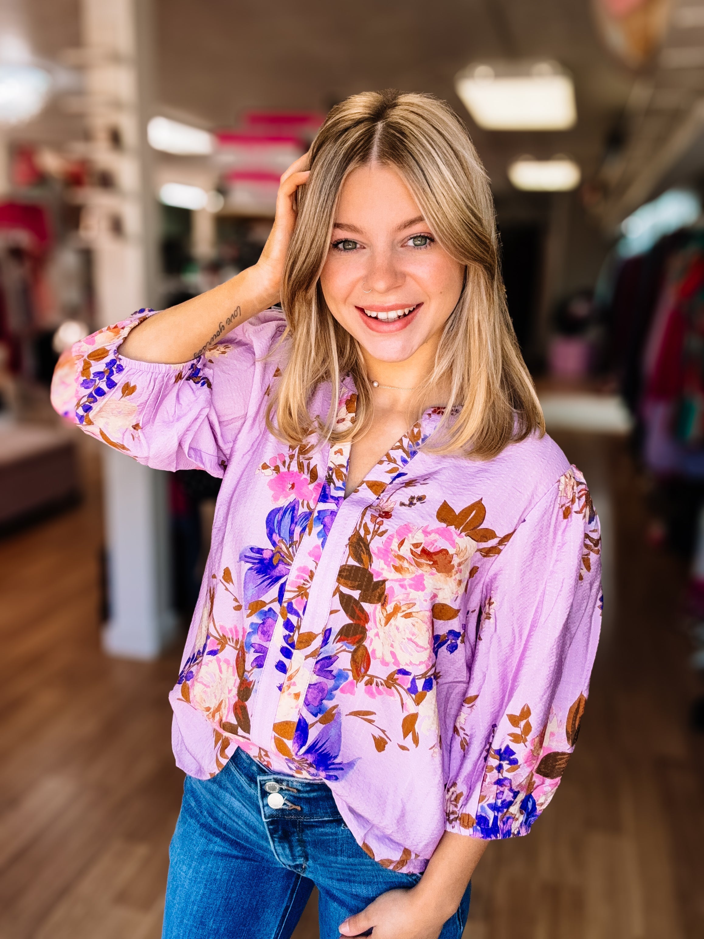 Lavender Daydream Floral Blouse-Blouses-Dear Me Southern Boutique, located in DeRidder, Louisiana