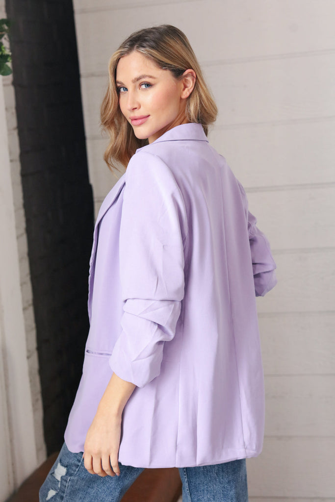 Lavender Notched Lapel Ruched Sleeve Blazer-Dear Me Southern Boutique, located in DeRidder, Louisiana