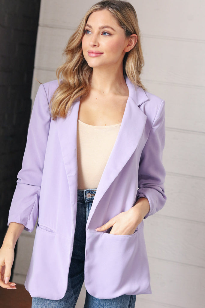 Lavender Notched Lapel Ruched Sleeve Blazer-Dear Me Southern Boutique, located in DeRidder, Louisiana