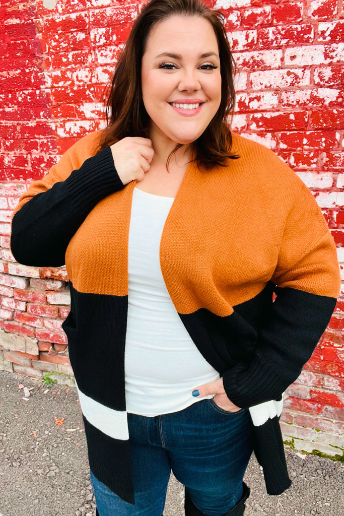 Layer Me Up Rust & Black Color Block Knit Open Cardigan-Dear Me Southern Boutique, located in DeRidder, Louisiana