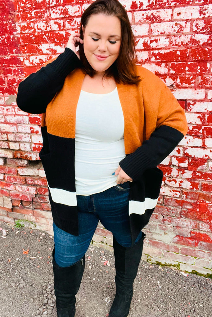 Layer Me Up Rust & Black Color Block Knit Open Cardigan-Dear Me Southern Boutique, located in DeRidder, Louisiana