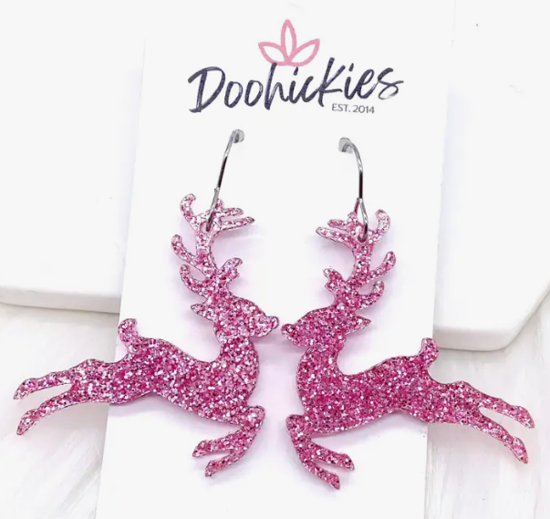 Leaping Reindeer Pink Glitter Earrings-Dear Me Southern Boutique, located in DeRidder, Louisiana