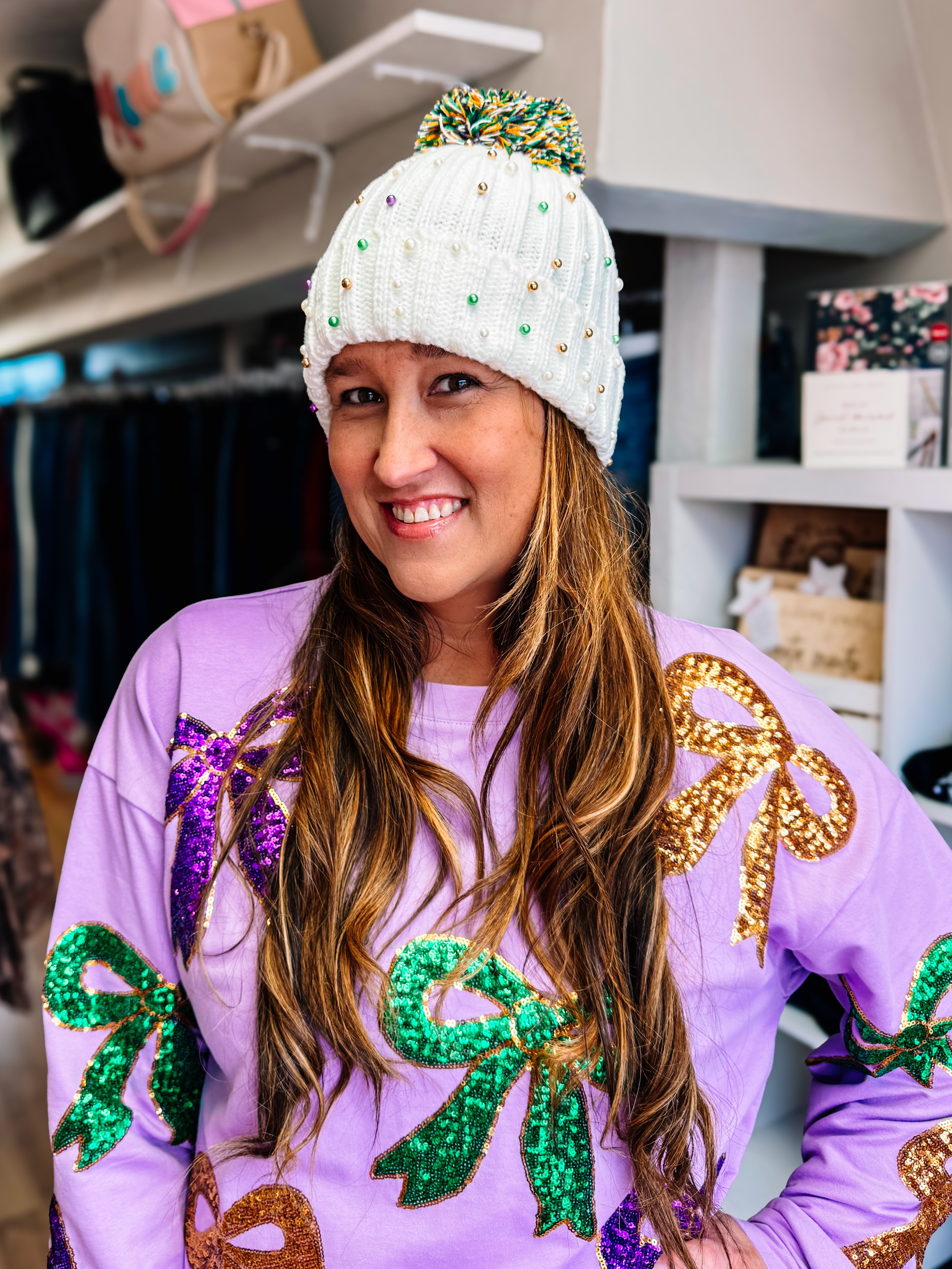 Let the Good Beads Roll Mardi Gras Beanie-Dear Me Southern Boutique, located in DeRidder, Louisiana