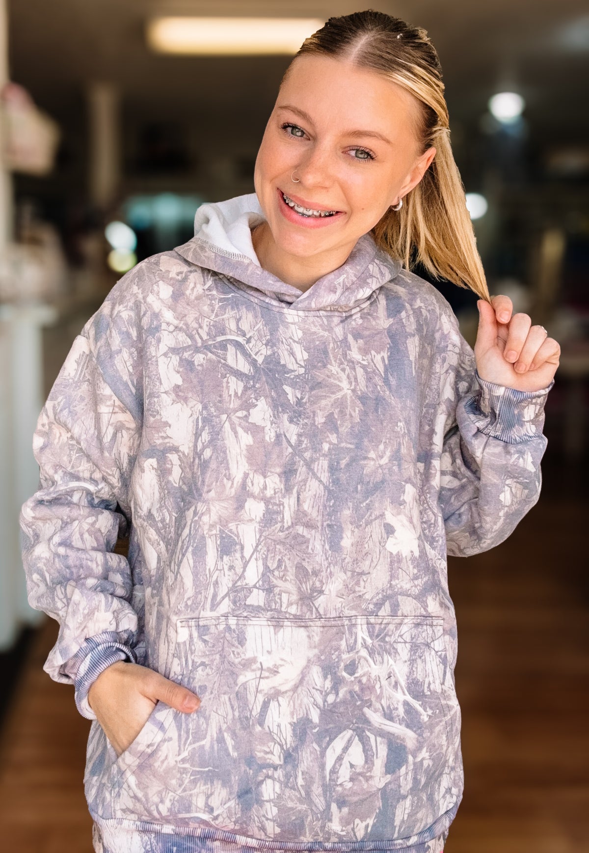 Let's Be Happy Dark Camo Hoodie-Sweatshirts-Dear Me Southern Boutique, located in DeRidder, Louisiana