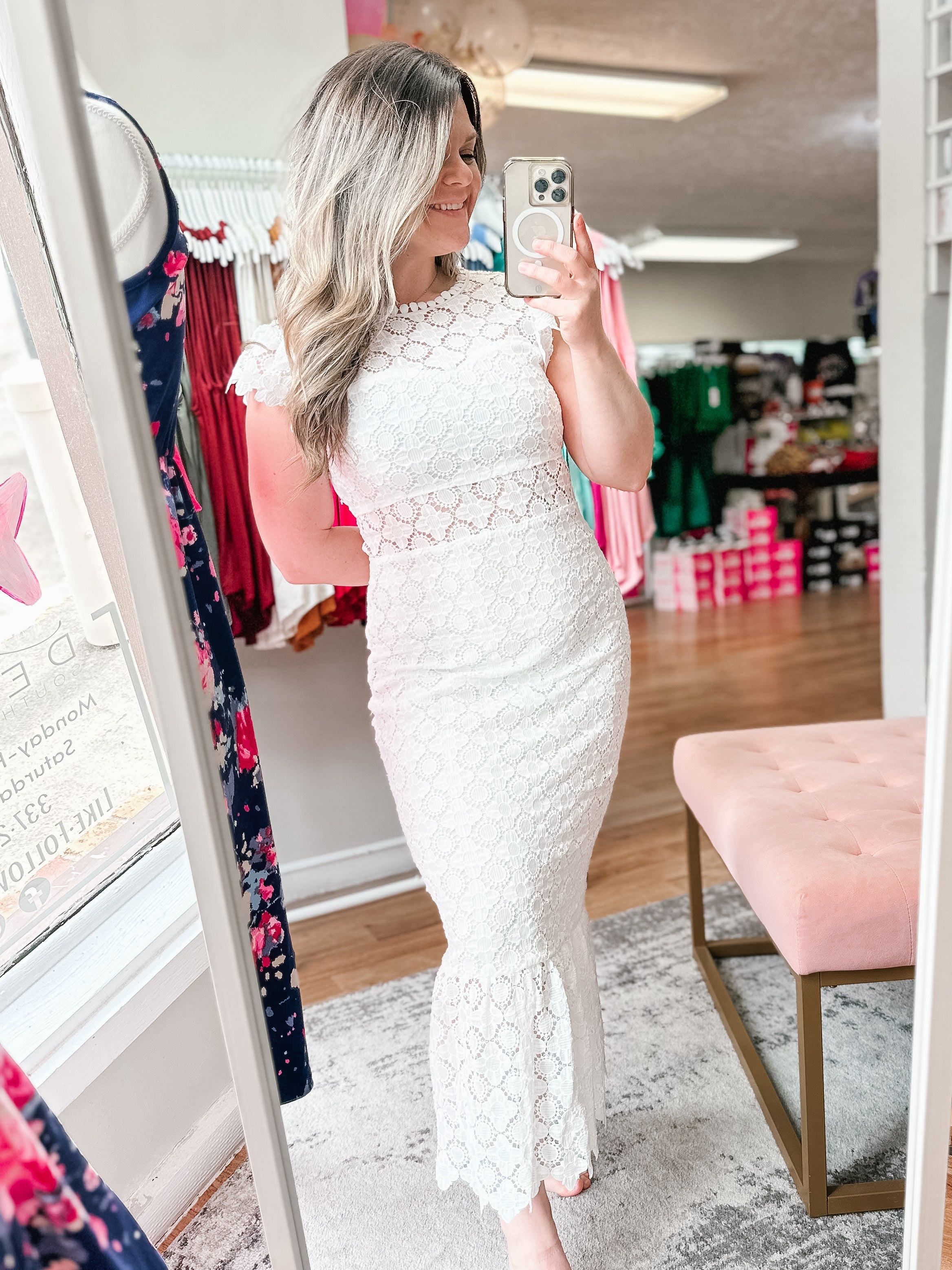 Let's Celebrate White Lace Dress-Midi Dresses-Dear Me Southern Boutique, located in DeRidder, Louisiana