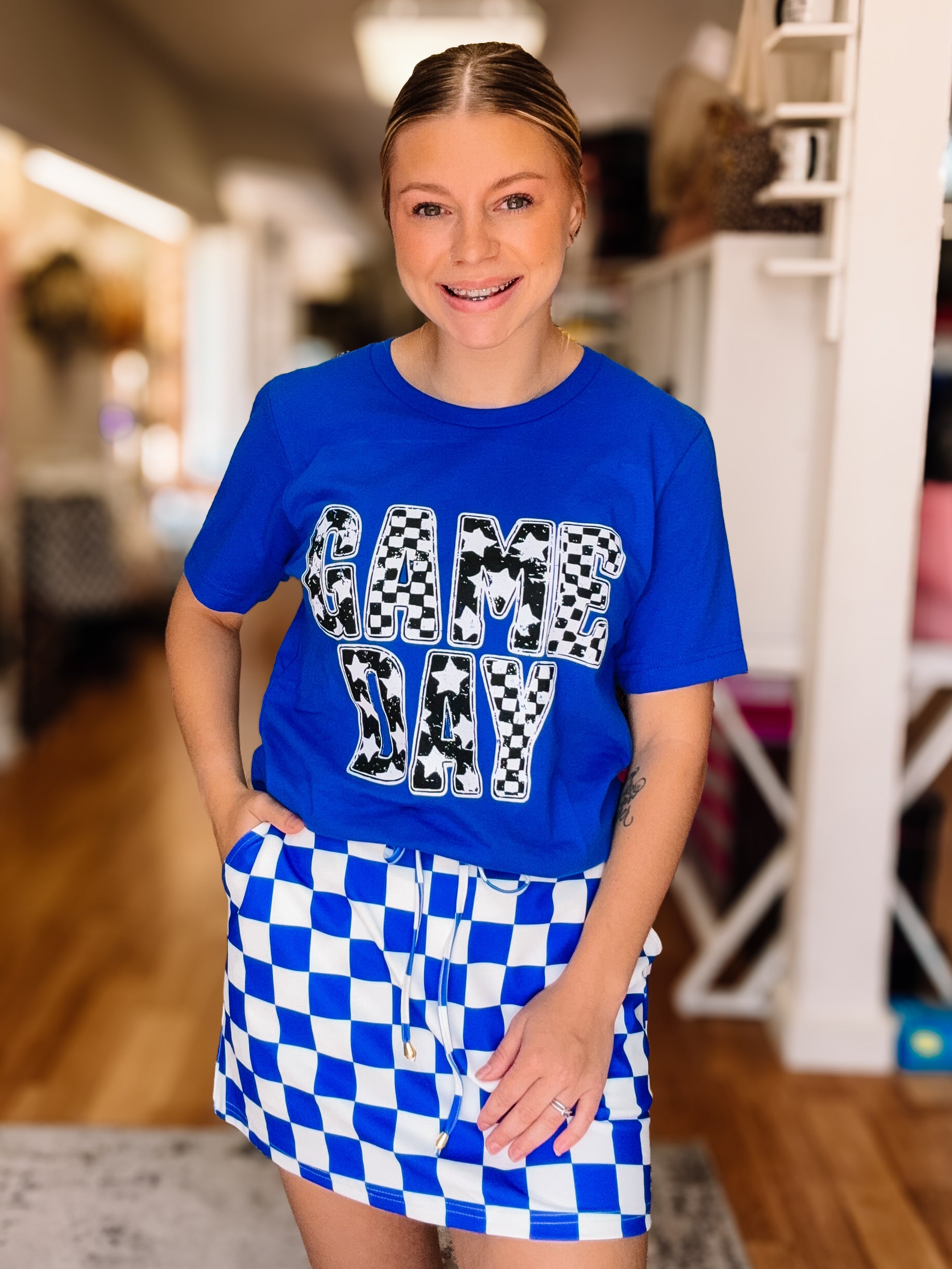 Let’s Go Checkered Everyday Skort- Royal Blue-Skort-Dear Me Southern Boutique, located in DeRidder, Louisiana