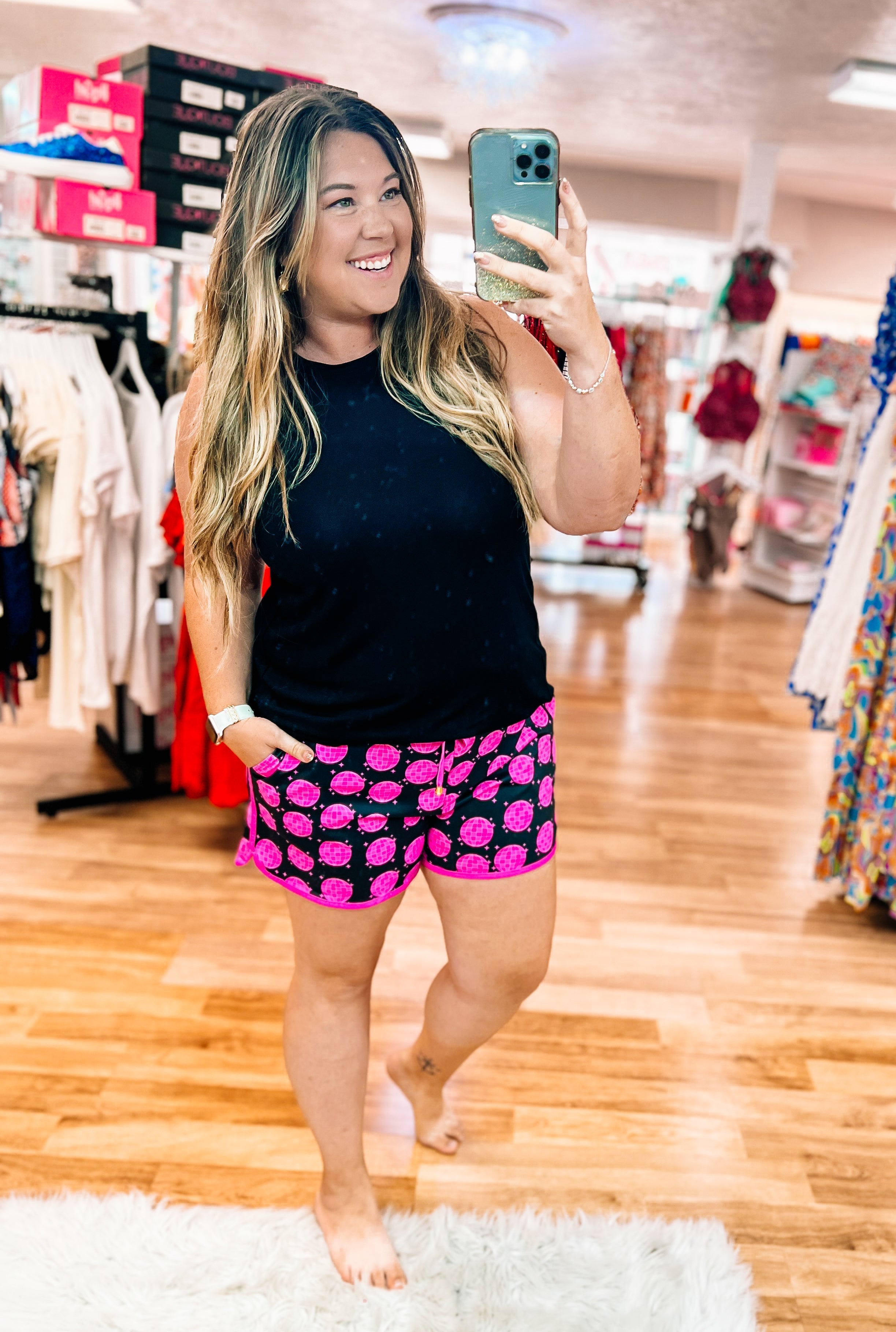 Let's Go Party Disco Everyday Drawstring Shorts-Shorts-Dear Me Southern Boutique, located in DeRidder, Louisiana