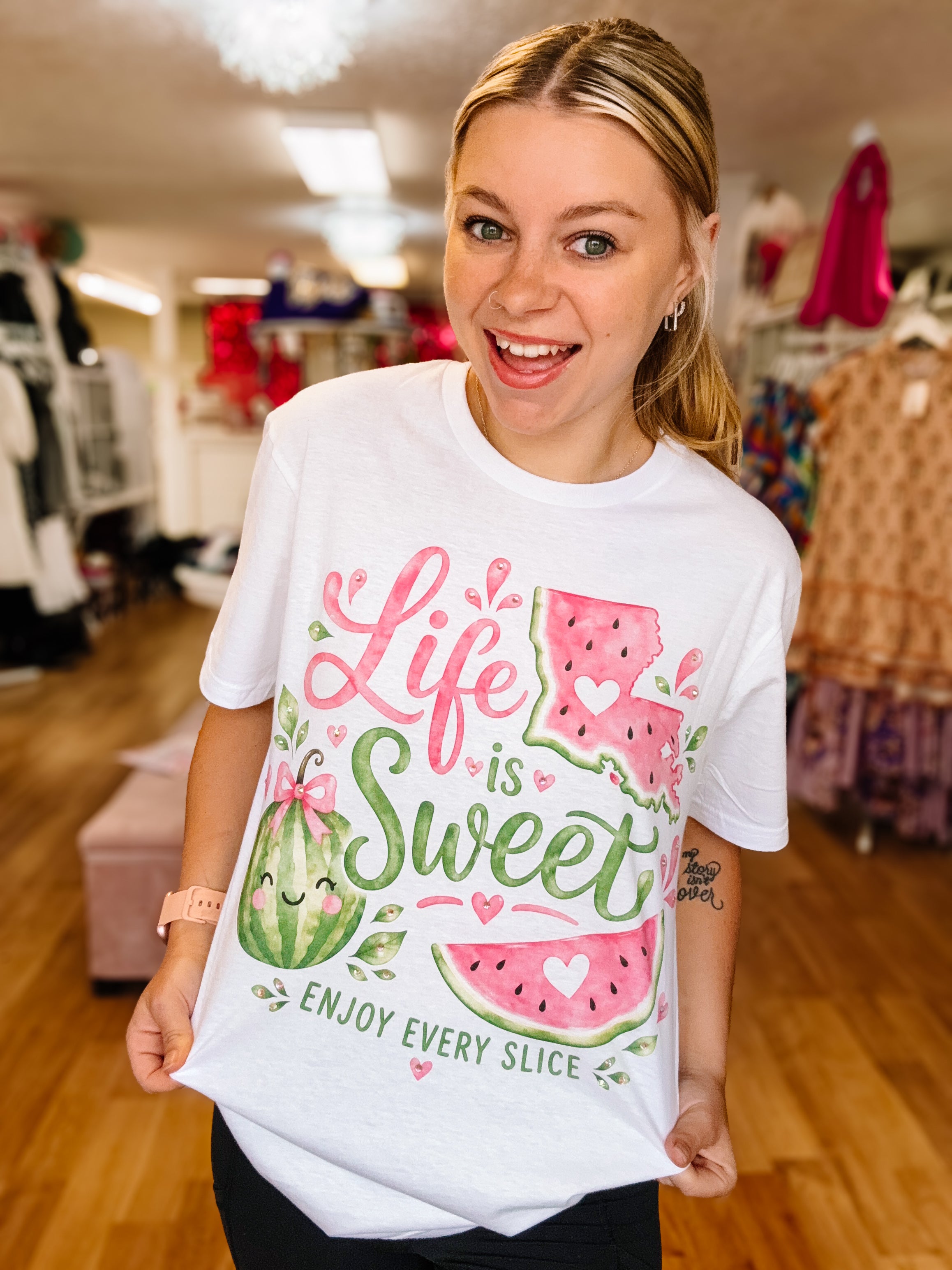 Life Is Sweet In Louisiana Bougie Rhinestone Tee-Tees-Dear Me Southern Boutique, located in DeRidder, Louisiana