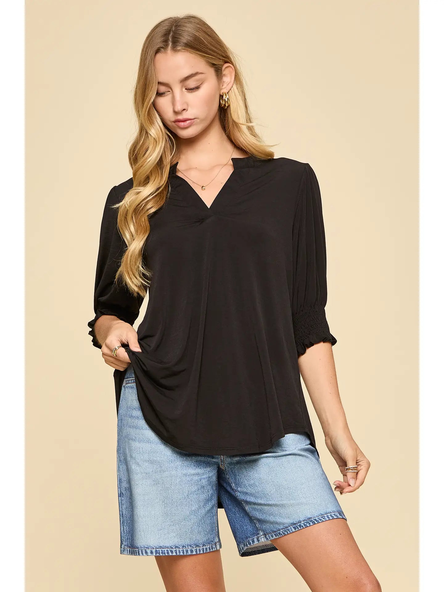 Linley 3/4 Sleeve Top-Black-Blouses-Dear Me Southern Boutique, located in DeRidder, Louisiana