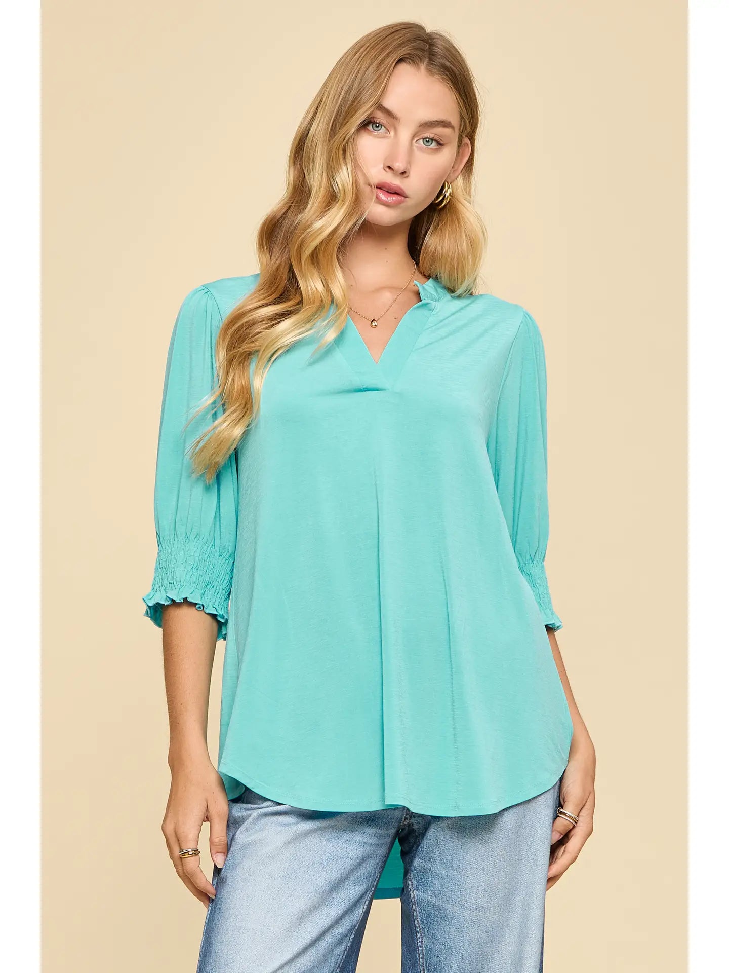 Linley 3/4 Sleeve Top-Coastal Blue-Blouses-Dear Me Southern Boutique, located in DeRidder, Louisiana