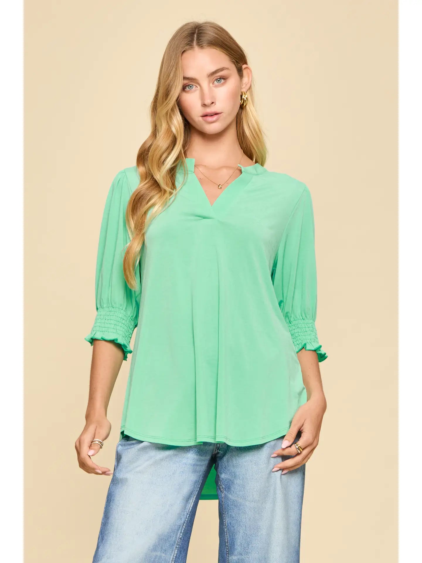Linley 3/4 Sleeve Top-Mint-Blouses-Dear Me Southern Boutique, located in DeRidder, Louisiana
