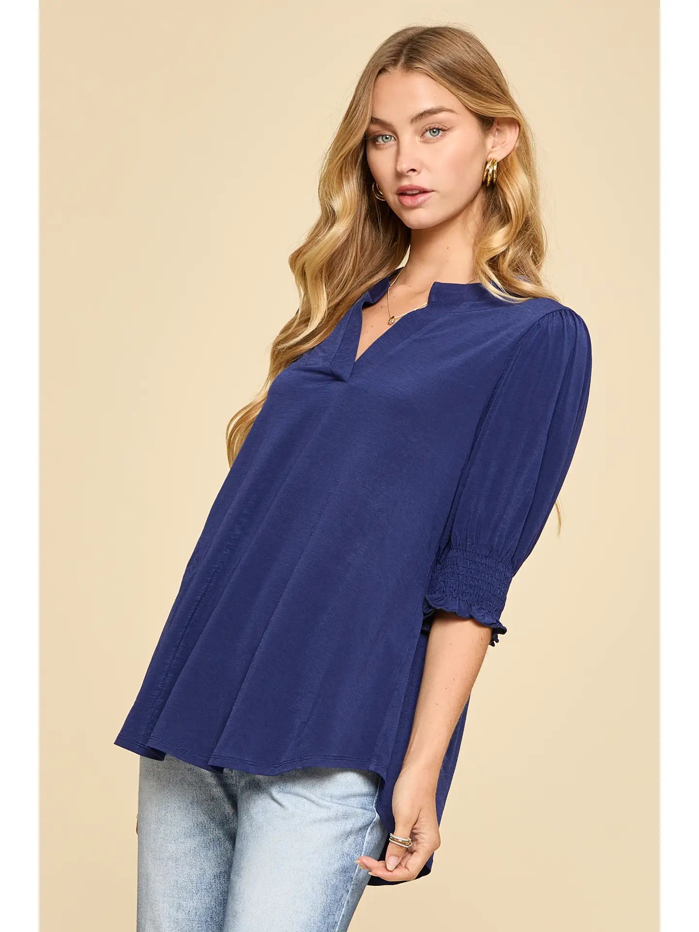 Linley 3/4 Sleeve Top- Navy-Blouses-Dear Me Southern Boutique, located in DeRidder, Louisiana