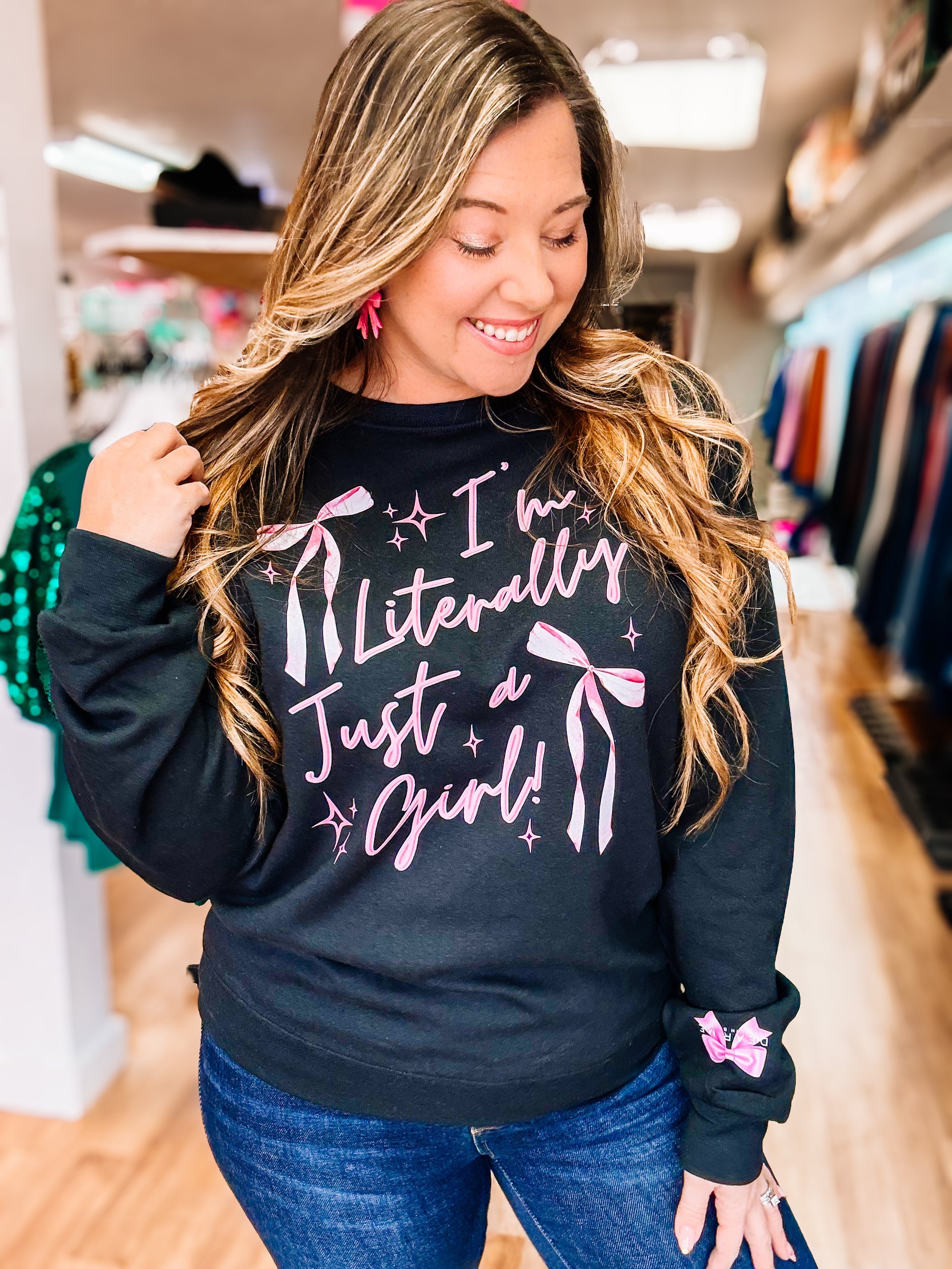 Literally Just A Girl Pullover Sweatshirt-Graphic Tops-Dear Me Southern Boutique, located in DeRidder, Louisiana