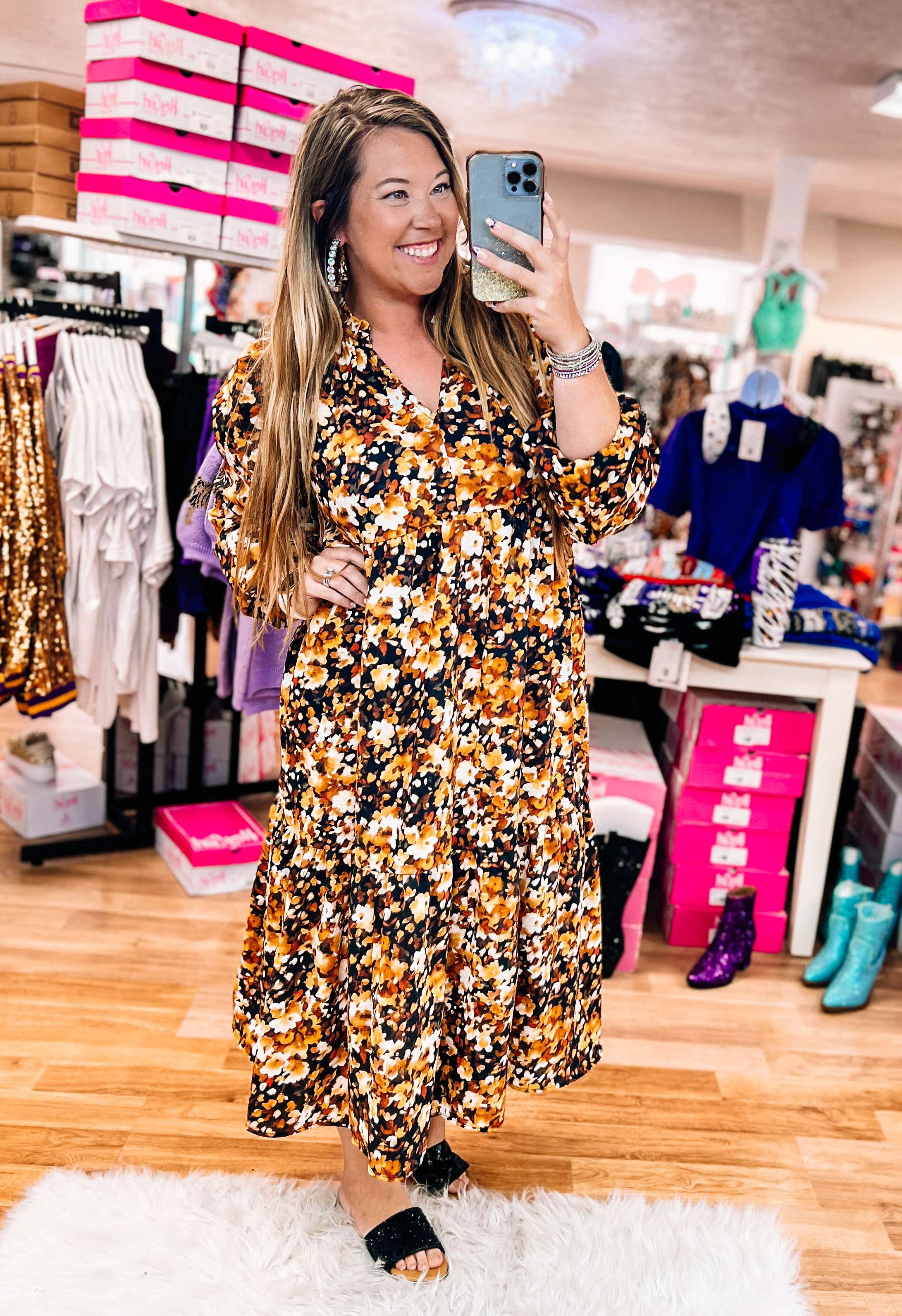 Living For Fall Floral Dress-Midi Dresses-Dear Me Southern Boutique, located in DeRidder, Louisiana