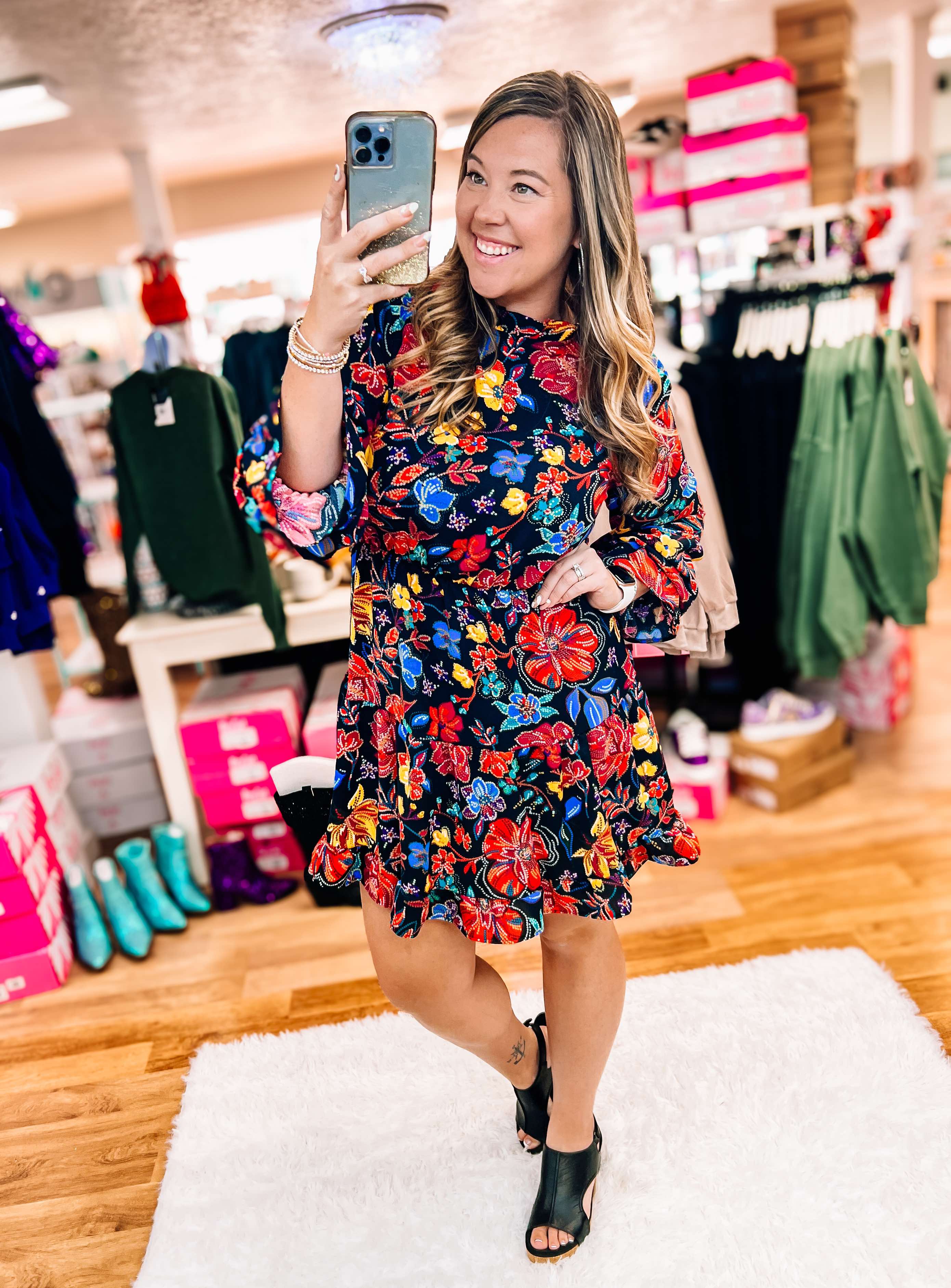 Lock Eyes Black Floral Dress-Mini Dresses-Dear Me Southern Boutique, located in DeRidder, Louisiana