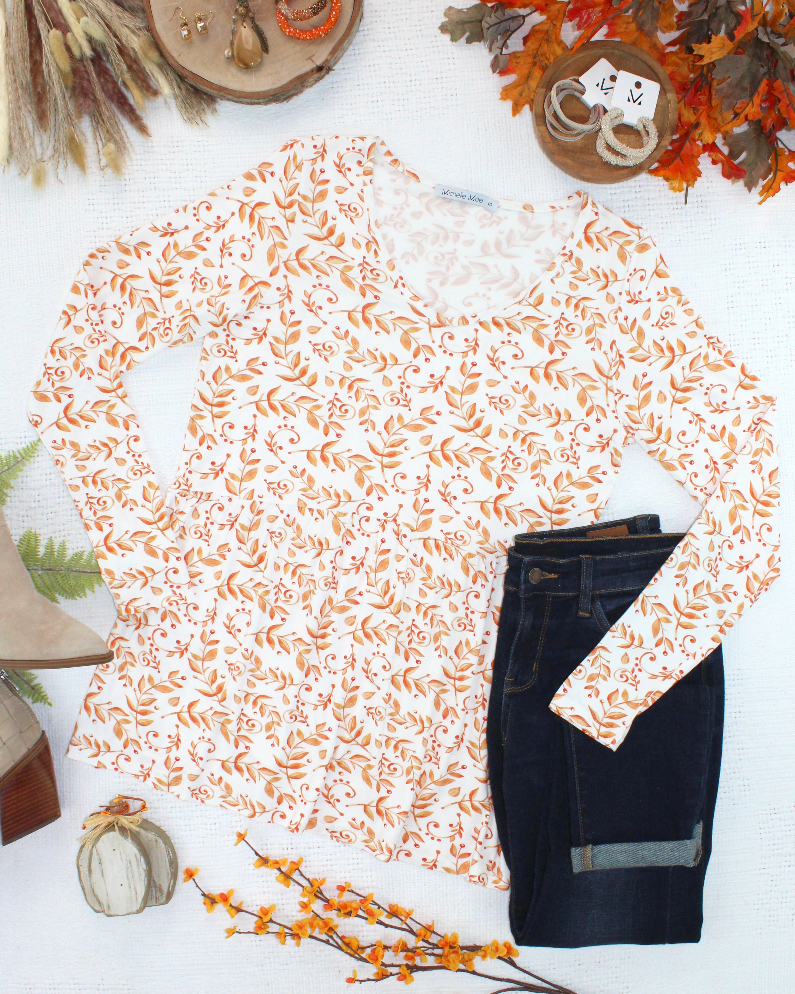 Long Sleeve Sarah Ruffle Top - Autumn Vines-Tops-Dear Me Southern Boutique, located in DeRidder, Louisiana
