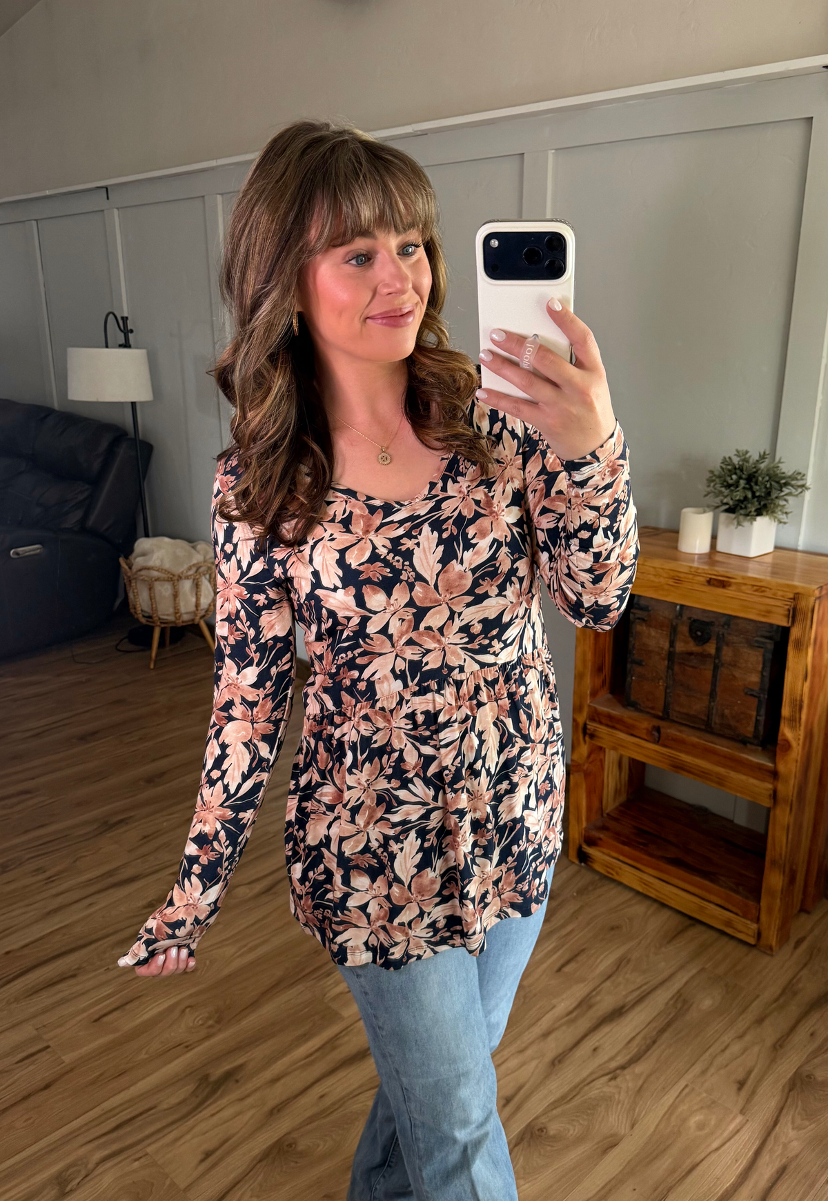Long Sleeve Sarah Ruffle Top - Navy Autumn Petals-Presales-Dear Me Southern Boutique, located in DeRidder, Louisiana
