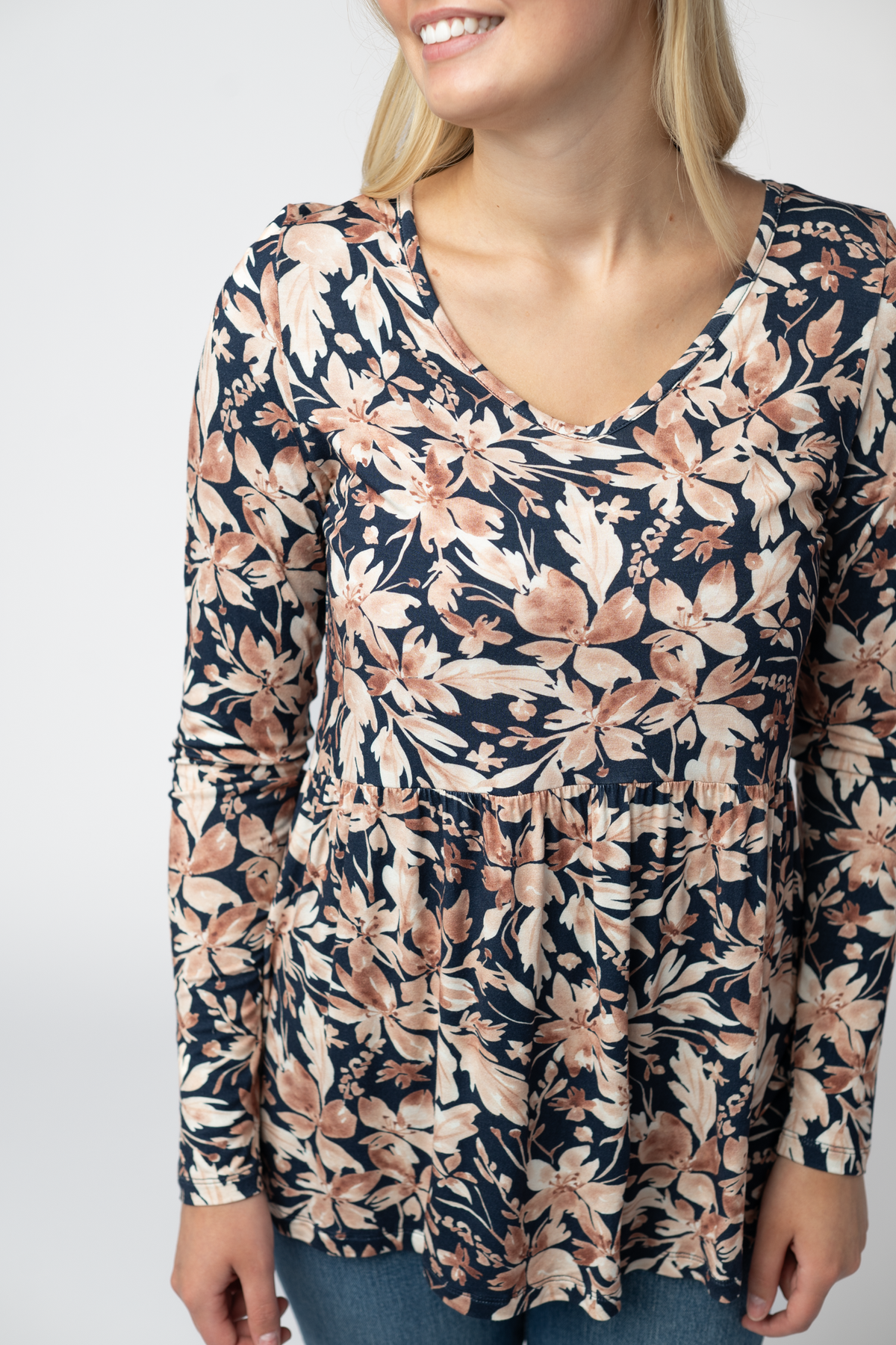 Long Sleeve Sarah Ruffle Top - Navy Autumn Petals-Tops-Dear Me Southern Boutique, located in DeRidder, Louisiana