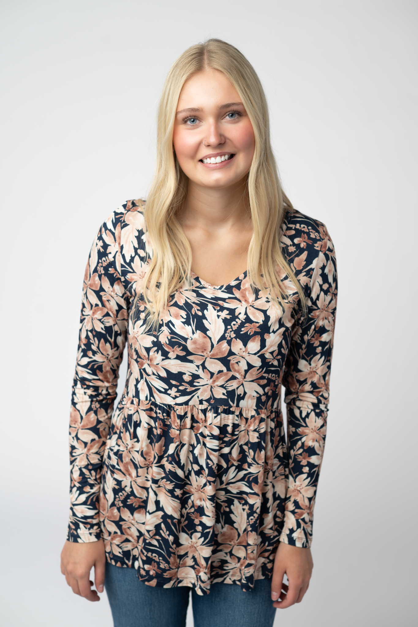 Long Sleeve Sarah Ruffle Top - Navy Autumn Petals-Tops-Dear Me Southern Boutique, located in DeRidder, Louisiana