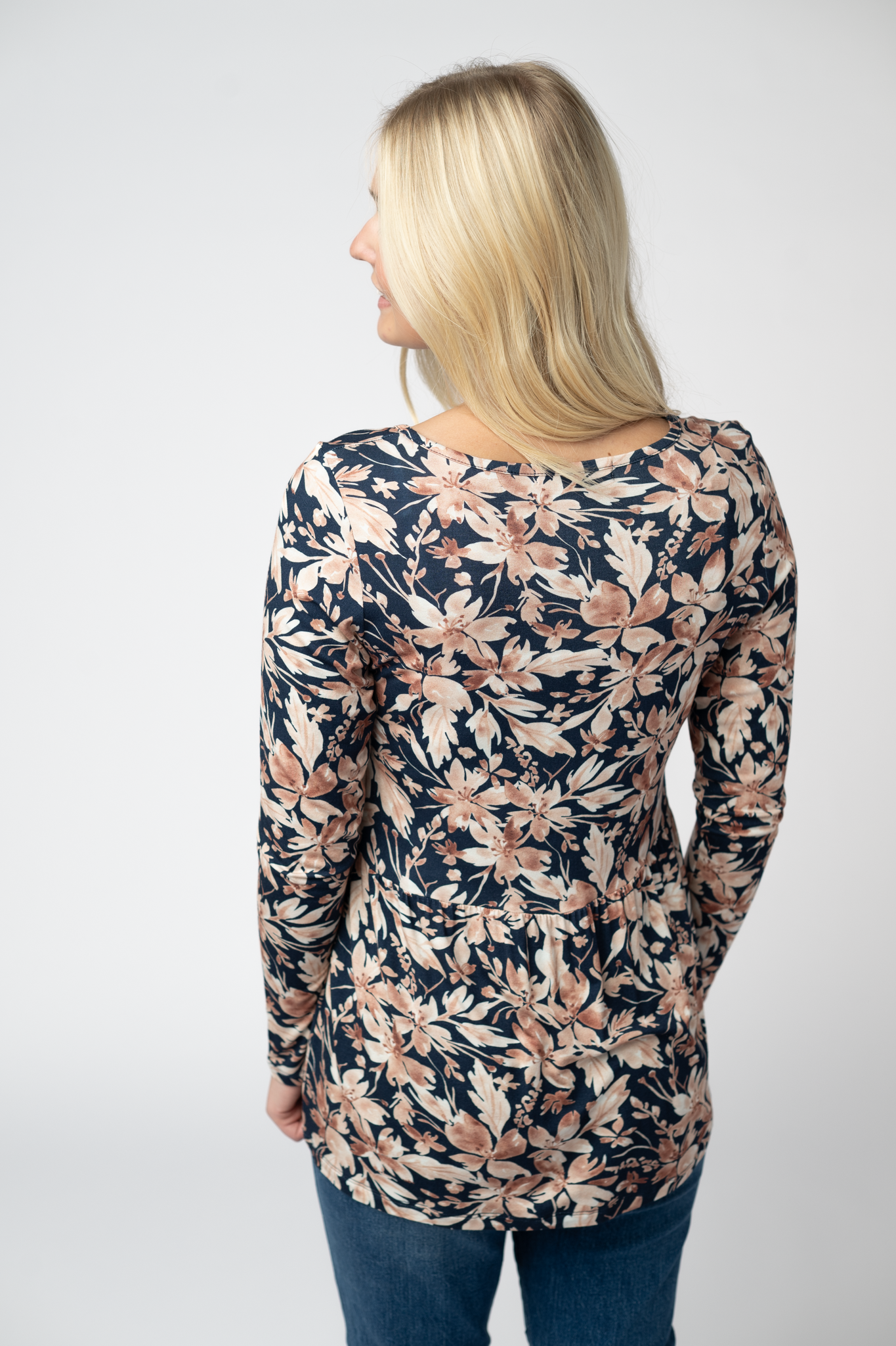 Long Sleeve Sarah Ruffle Top - Navy Autumn Petals-Tops-Dear Me Southern Boutique, located in DeRidder, Louisiana