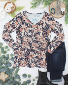 Long Sleeve Sarah Ruffle Top - Navy Autumn Petals-Tops-Dear Me Southern Boutique, located in DeRidder, Louisiana