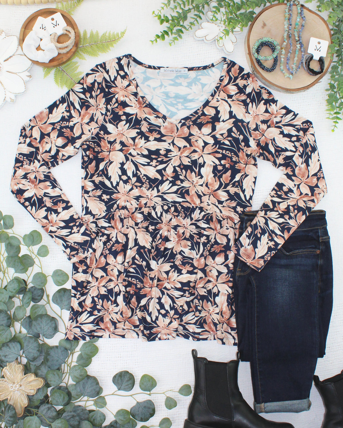 Long Sleeve Sarah Ruffle Top - Navy Autumn Petals-Tops-Dear Me Southern Boutique, located in DeRidder, Louisiana