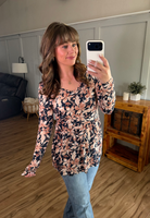 Long Sleeve Sarah Ruffle Top - Navy Autumn Petals-Tops-Dear Me Southern Boutique, located in DeRidder, Louisiana