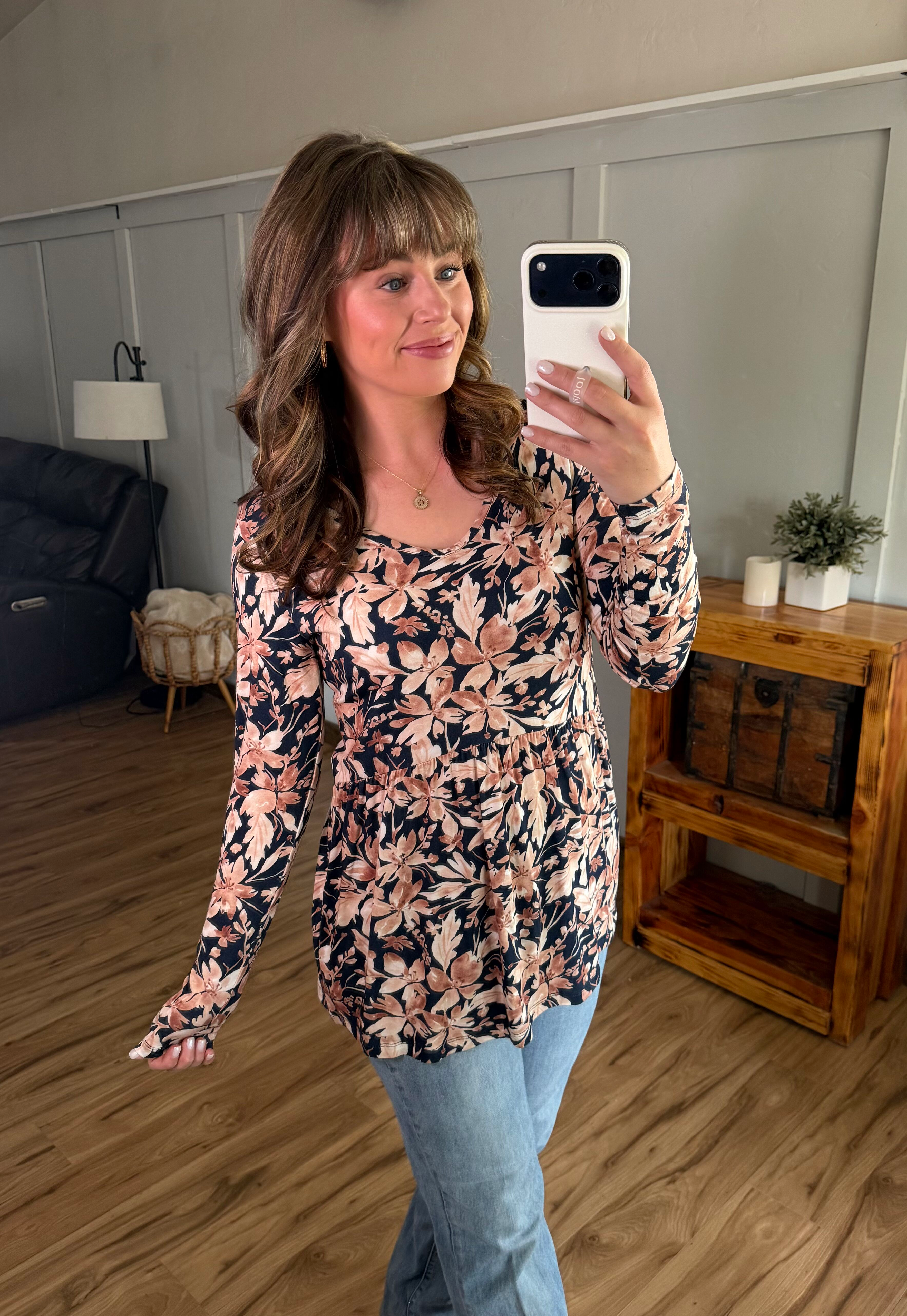 Long Sleeve Sarah Ruffle Top - Navy Autumn Petals-Tops-Dear Me Southern Boutique, located in DeRidder, Louisiana