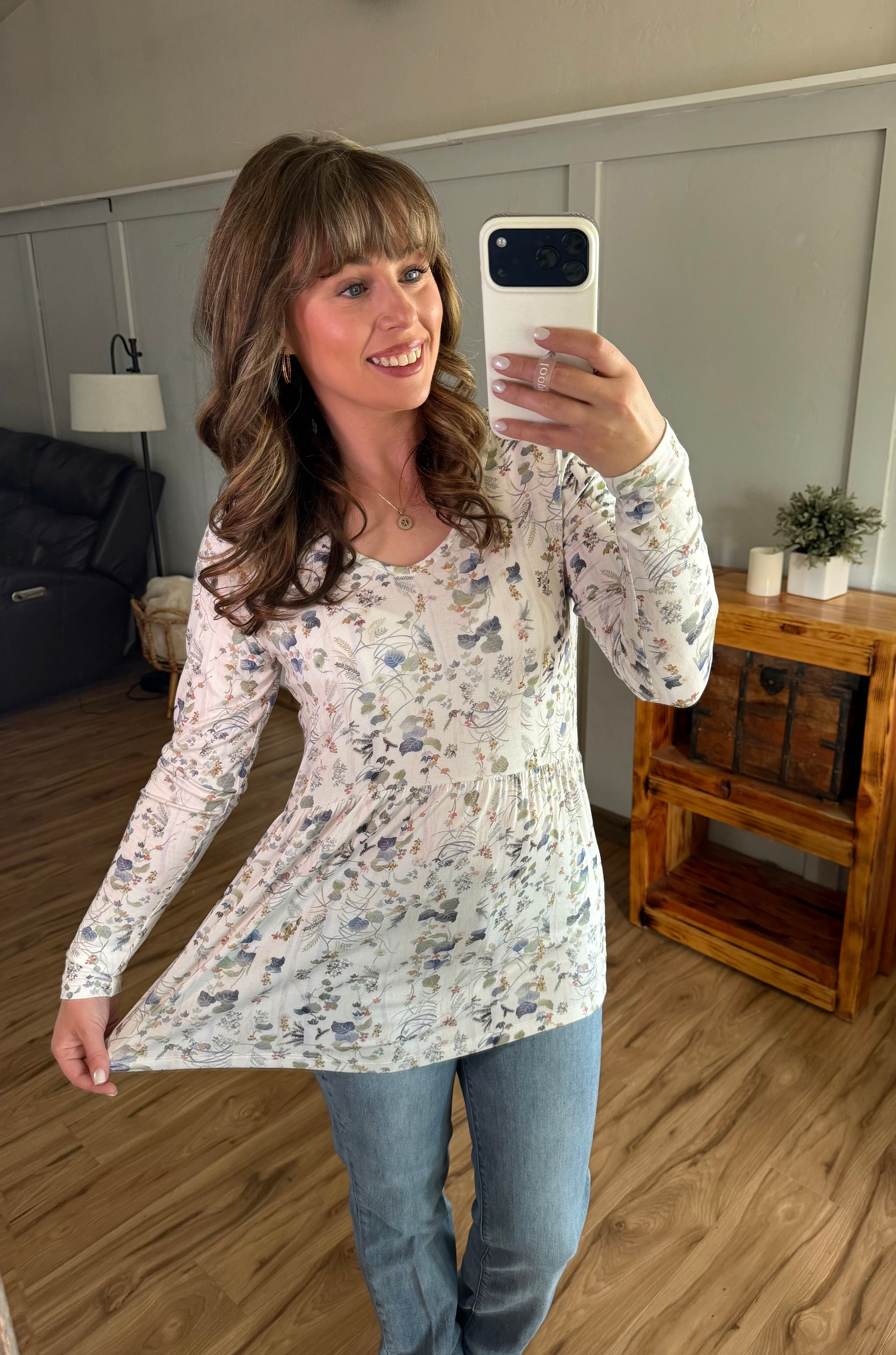 Long Sleeve Sarah Ruffle Top - Olive Meadow-Tops-Dear Me Southern Boutique, located in DeRidder, Louisiana