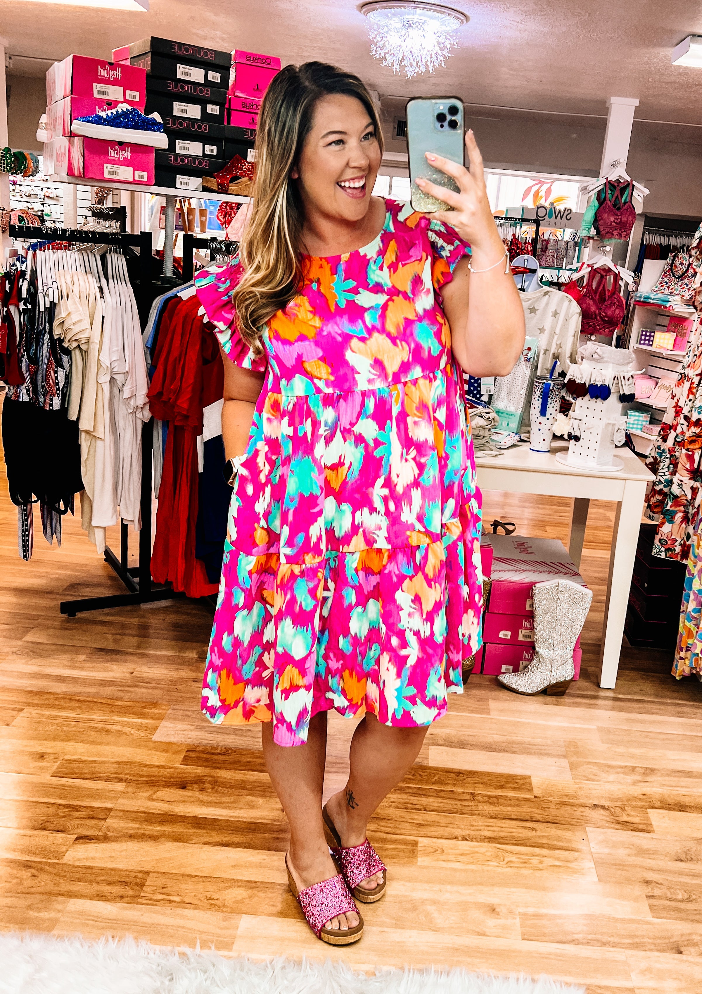 Look Of Love Abstract Floral Dress-Dresses-Dear Me Southern Boutique, located in DeRidder, Louisiana