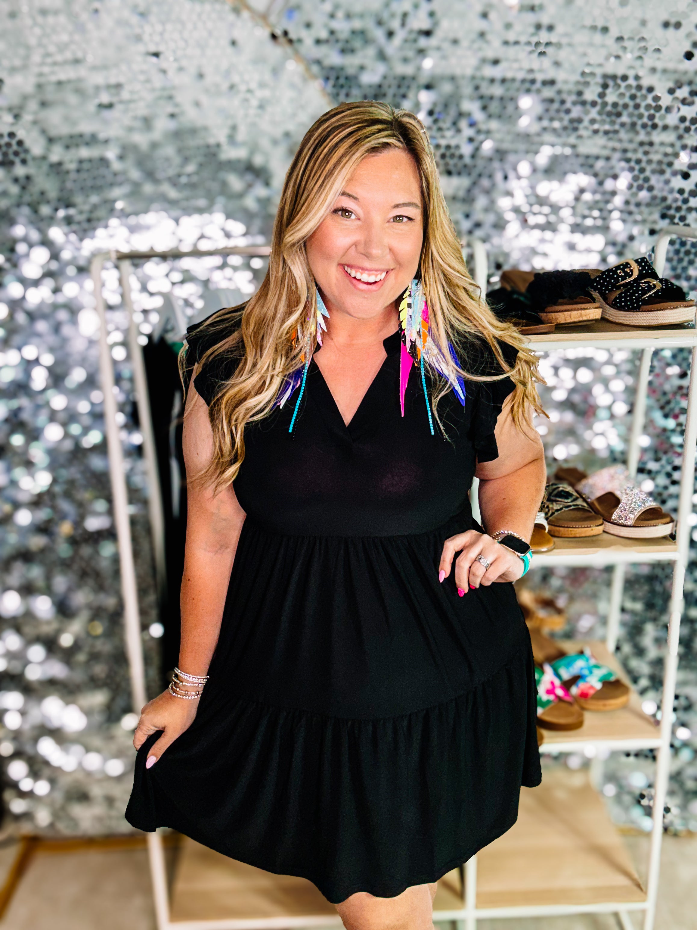 Louise Ruffle Sleeve Dress-Black-Dress-Dear Me Southern Boutique, located in DeRidder, Louisiana